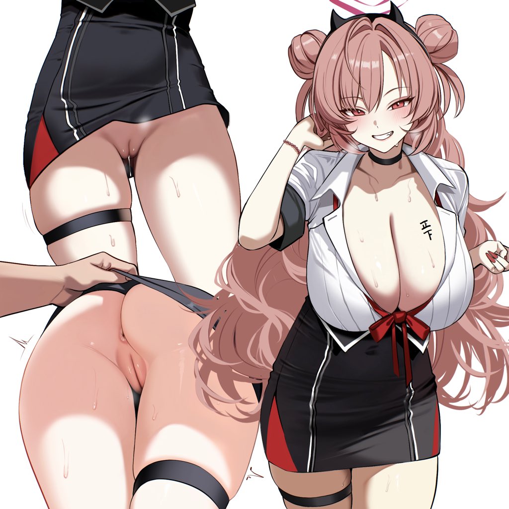 anus ass ass_focus ateoyh black_choker black_skirt blue_archive blush breasts choker cleavage clothes_lift collared_shirt commentary_request double_bun fake_horns female fingernails grin hair_bun halo horns huge_breasts kirara_(blue_archive) lifting_another's_clothes long_fingernails long_hair looking_at_viewer multiple_views nail_polish pink_eyes pink_hair pink_halo pussy pussy_focus pussy_juice red_nails shirt short_sleeves simple_background skirt skirt_lift smile solo straight thigh_strap uncensored white_background white_shirt