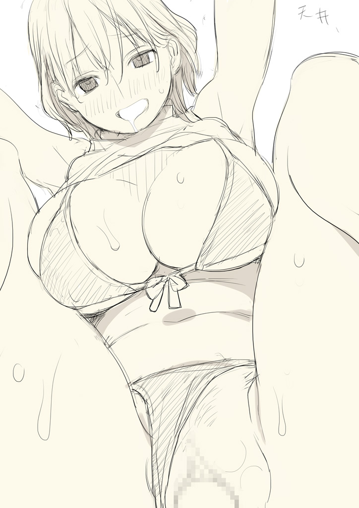 blush breasts censored cleavage drooling front-tie_top large_breasts monochrome mosaic_censoring nora_higuma original panties panties_aside pussy saliva sex short_hair sketch sweat underwear