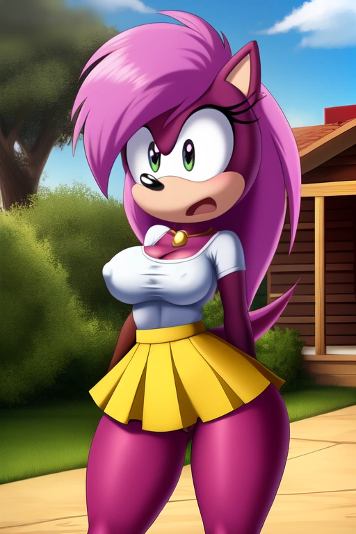 ai_generated ass breasts hips magenta_fur nippels oiled outside pink_hair sega shiny_skin shirt skirt sonia_the_hedgehog sonic_(series) sonic_the_hedgehog_(series) sonic_underground tagme two_tone_body