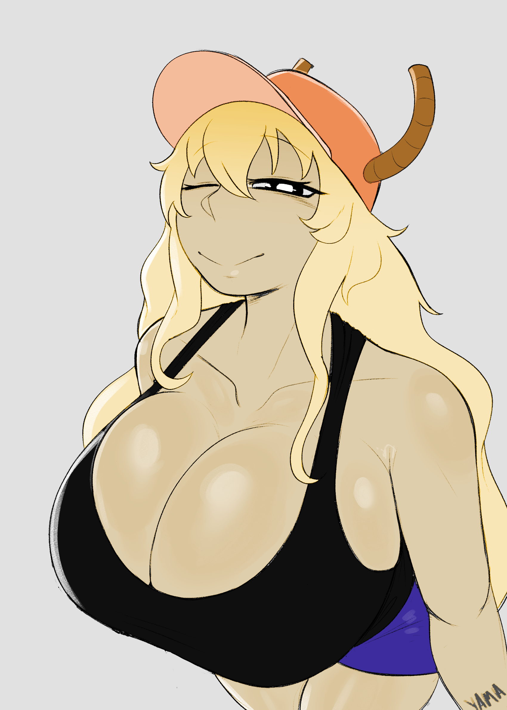 1girls, ajaycolor, big breasts, black tank top, blonde hair, breasts, cap, color, color edit, colored, colored inner hair, colored sketch, colored skin, dragon girl, female, goddess, horns, kobayashi-san chi no maidragon, large breasts, long hair, looking at viewer, lucoa, lucoa (maidragon), miss kobayashi's dragon maid, quetzalcoatl (dragon maid), sketch, tank top, yamathegod