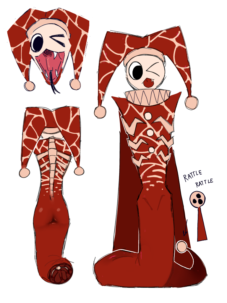 back_view bones character_sheet corruptstarz fangs flesh flesh_creature hairless jester jester_hat meat naga no_nose no_penis no_sex no_watermark non-human noseless oerba_yun_fang one_eye_closed one_fang red_body red_skin reference_image reference_sheet regretevator ribcage roblox roblox_game round_head self_upload slimyim_(regretevator) snake snake_tail spine tongue_out visible_bone white_background white_face white_head white_outline