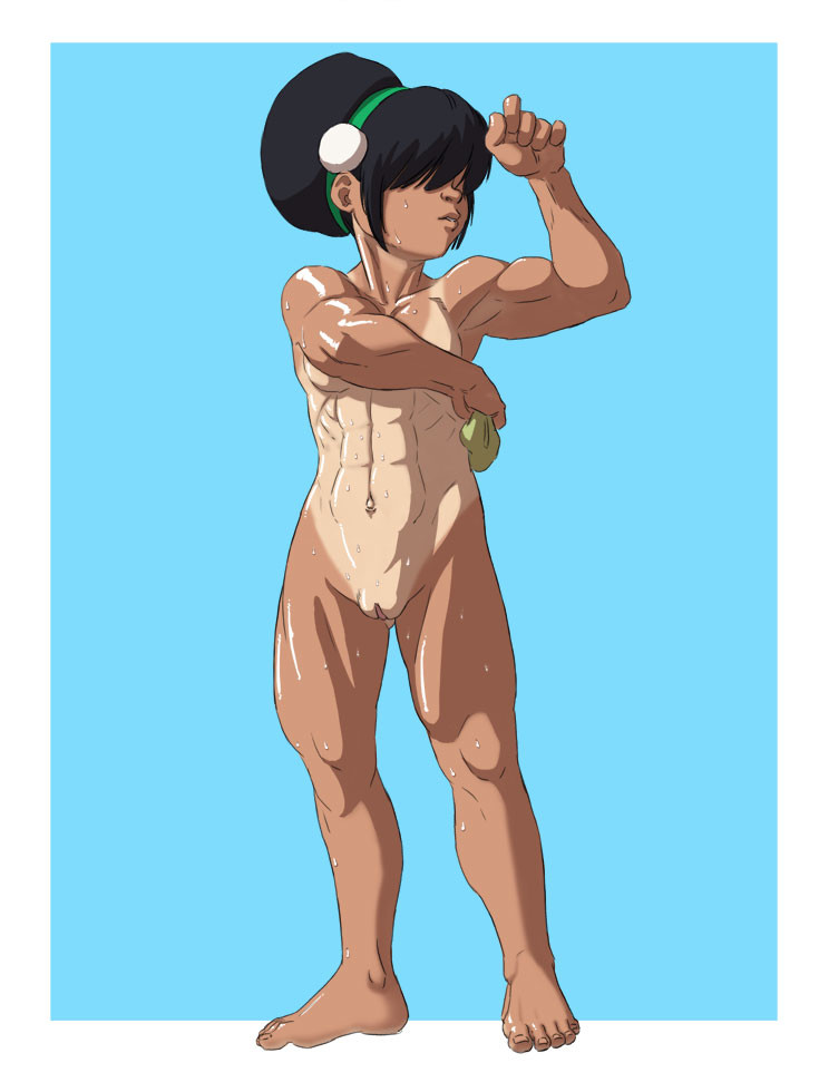 1girls abs aged_up avatar_legends avatar_the_last_airbender black_hair earth_kingdom female gfd43 hair_over_eyes muscular muscular_female nude pussy solo tanline toph_bei_fong