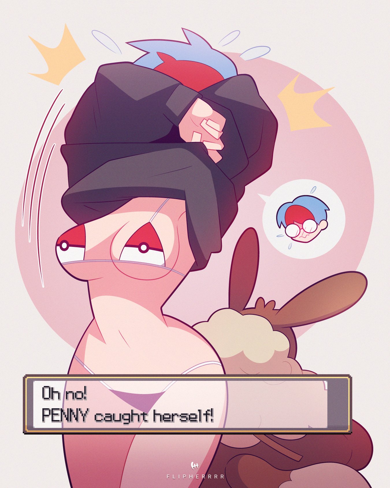 1girls, androgynous, androgynous female, blue hair, blush, female, flipherrrr, fliphrrr, glasses, goth, goth girl, hoodie, hoodie lift, nerd, nerdy female, partially clothed, penny (pokemon), pokemon, pokemon sv, red hair, short hair, solo, solo female, tomboyish, two-tone hair, underwear, undressing