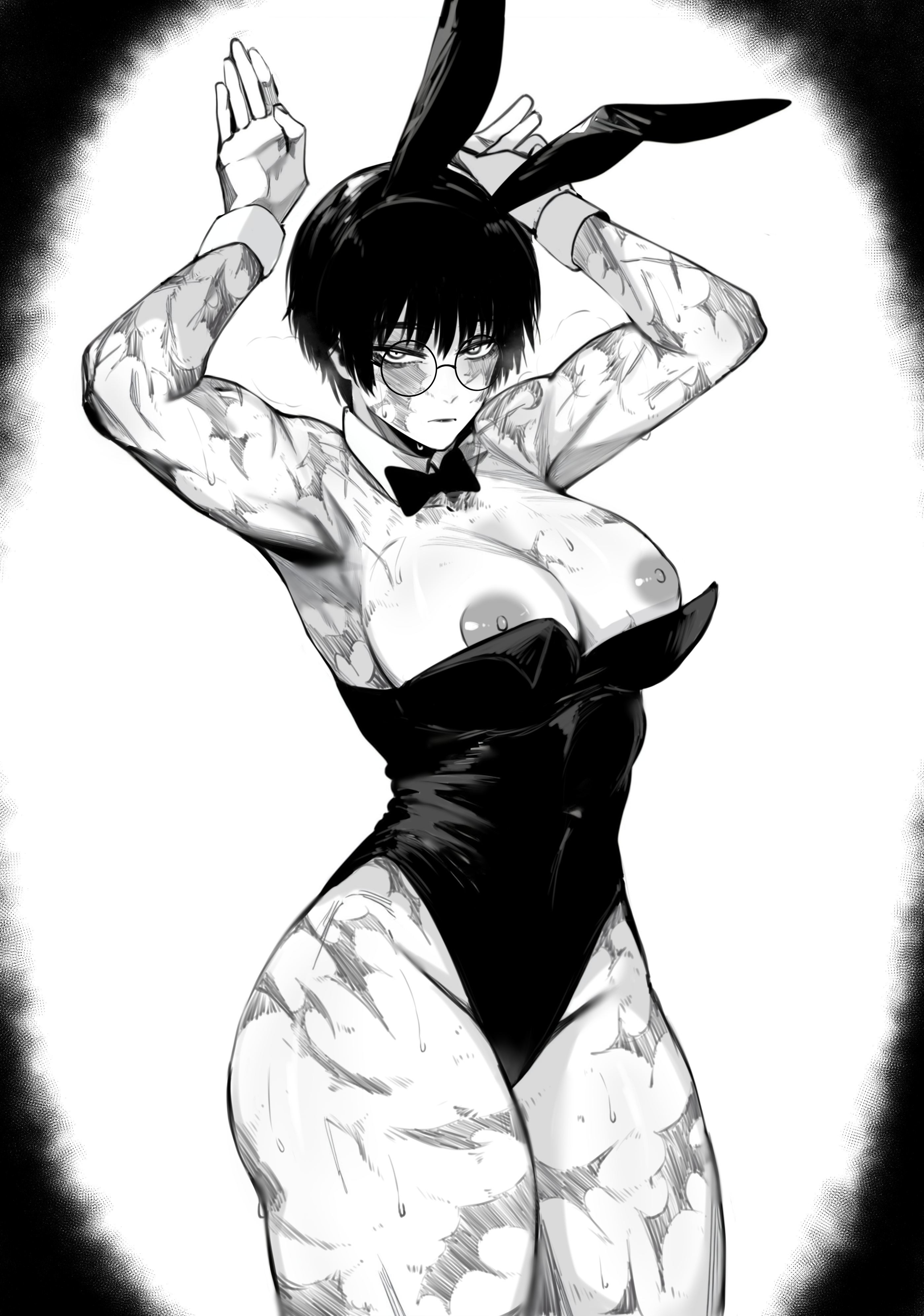 breasts, bunnysuit, burn scar, female, jujutsu kaisen, masoq095, monochrome, scars, very short hair, zenin maki