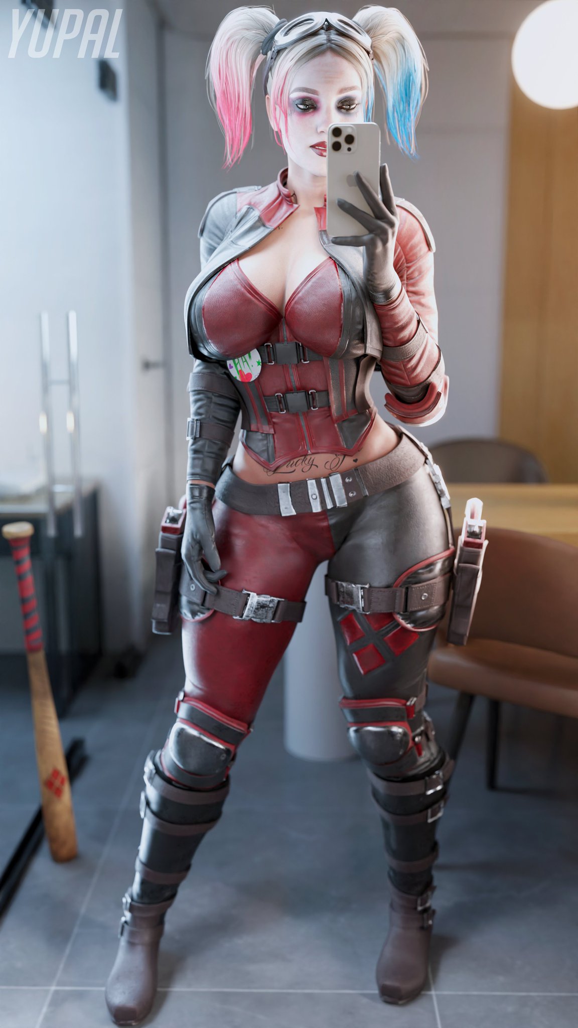 1girls 3d 3d_(artwork) artist_name batman_(series) big_breasts boots clothed clothing corset curvaceous curvy curvy_figure dc dc_comics female female_only fully_clothed gloves goggles goggles_on_head harley_quinn harley_quinn_(injustice) hourglass_figure injustice_2 light-skinned_female light_skin multicolored_hair phone pigtails slim_waist smartphone solo taking_selfie thick_thighs wide_hips yupal