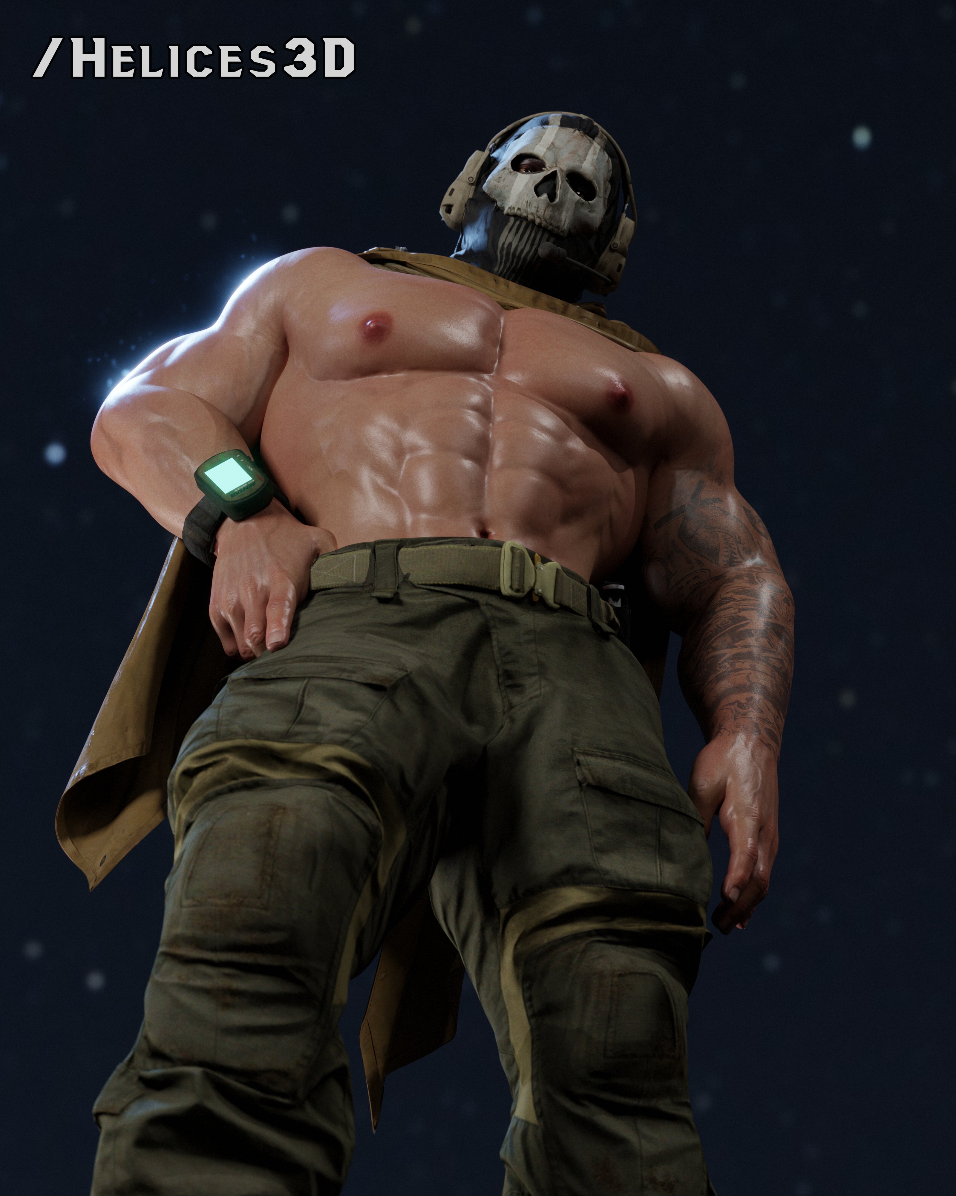 1boy, 3d, bara, call of duty, call of duty modern warfare 2 (2022), ghost (modern warfare 2), helices3d, human, light skin, light-skinned male, male, male focus, male only, mask, masked, masked male, muscular, muscular male, navel, nipples, shirtless, simon riley, solo, solo focus, solo male, tattoo