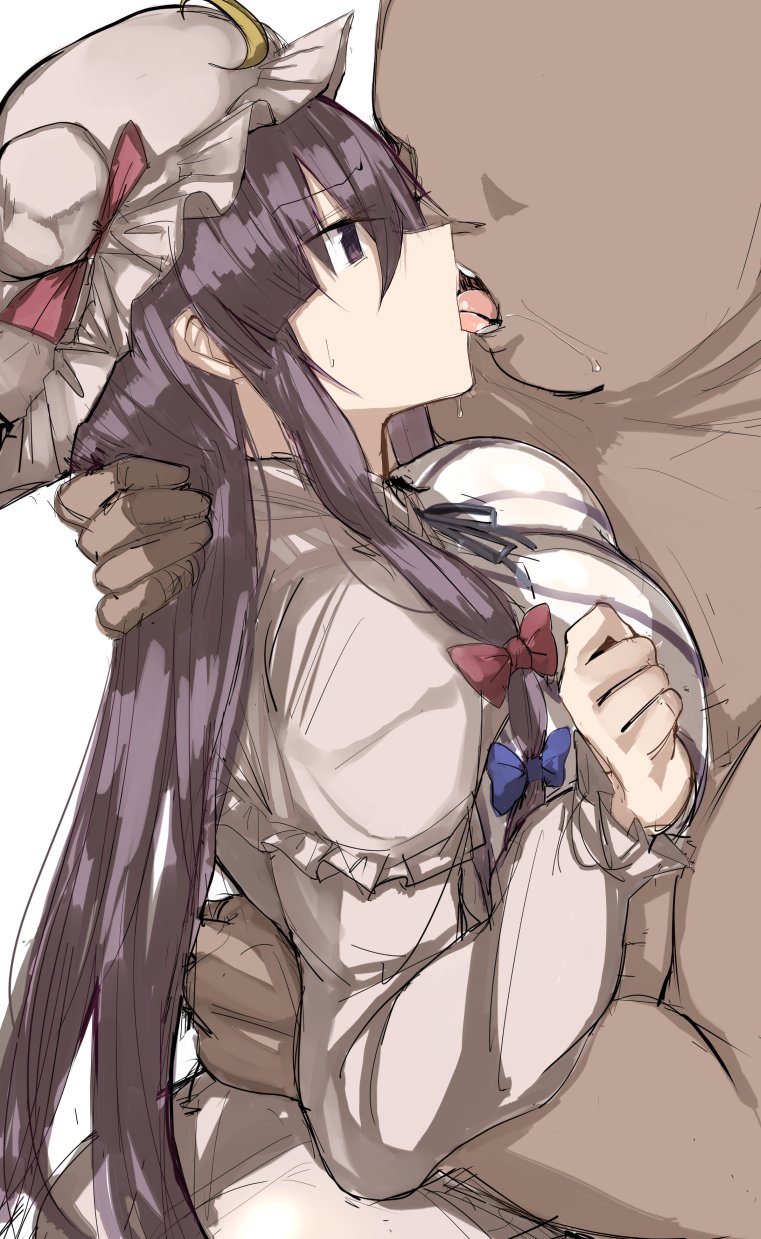 1boy 1girls big_ass big_breasts breast_press clothed_female_nude_male curvy curvy_figure curvy_hips french_kiss golgi_hon hips kissing long_hair patchouli_knowledge purple_eyes purple_hair touhou