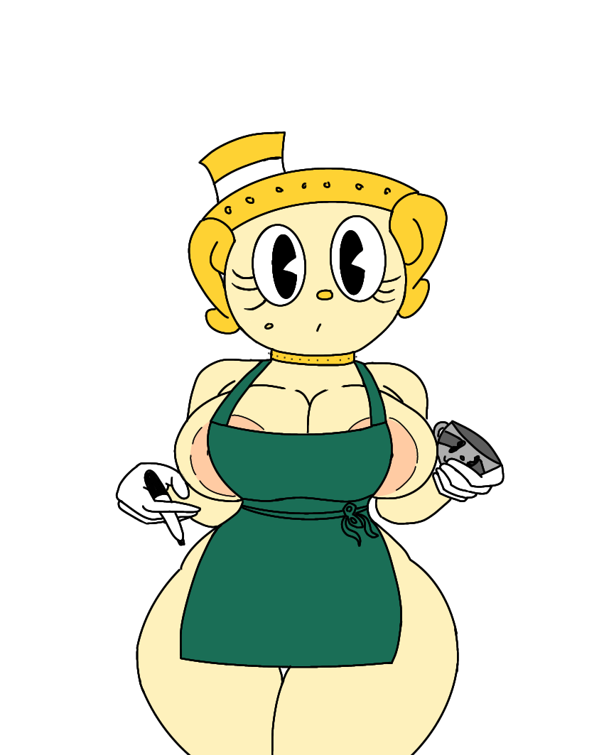 apron apron_only big_ass big_breasts big_butt big_eyelashes big_eyes big_thighs cartoon_style cup cuphead_(game) elmapachetv half_naked_female legendary_chalice mpchrtv ms._chalice original_character questionable thick_thighs very_big_breast youtube