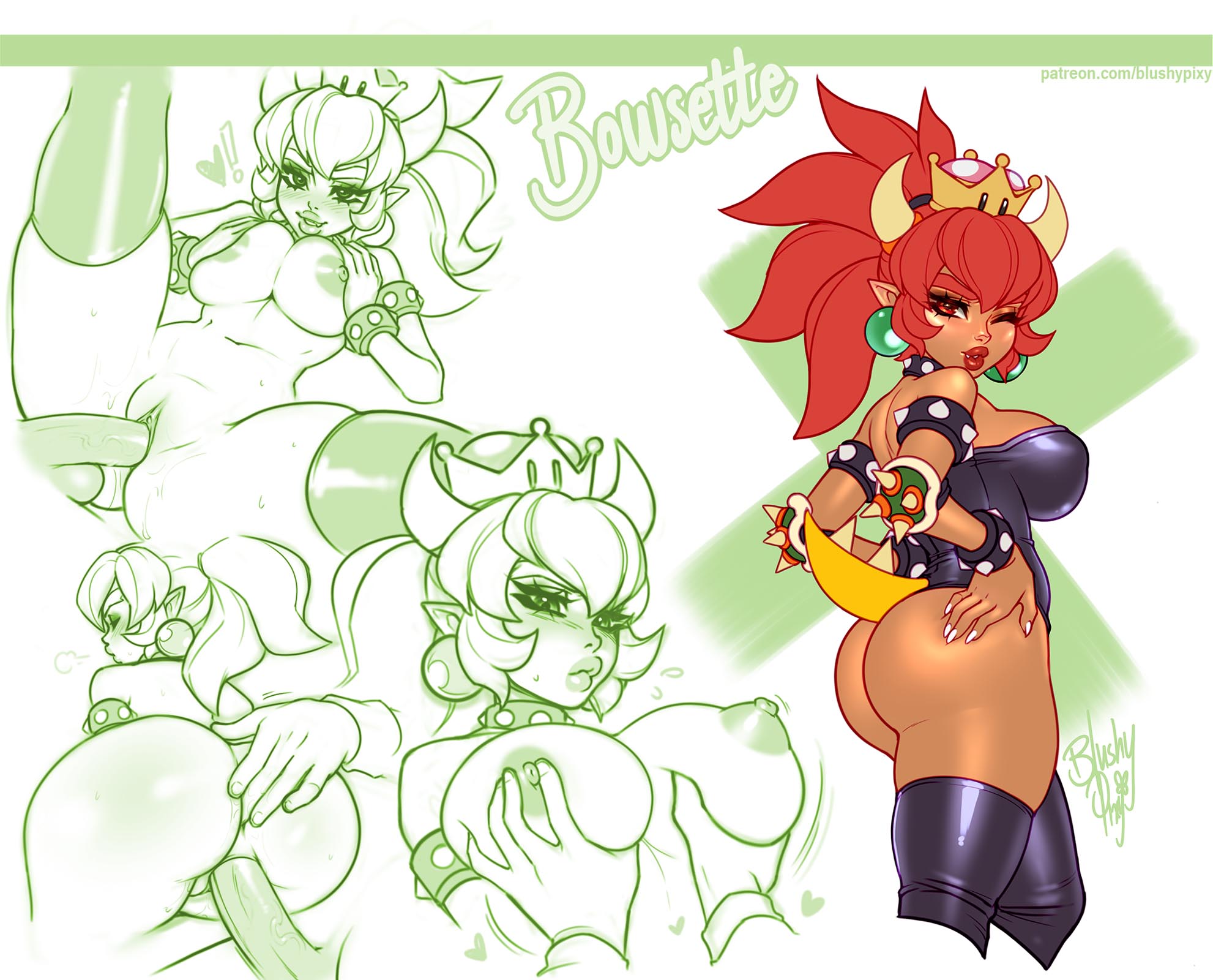 1girls, ass, big breasts, blushypixy, blushyspicy, bowsette, breasts, dark skin, dark-skinned female, edit, female, lipstick, mario (series), new super mario bros. u deluxe, nipples, penetration, ponytail, pussy, red bowsette, red eyes, red hair, sex, tagme, vaginal penetration