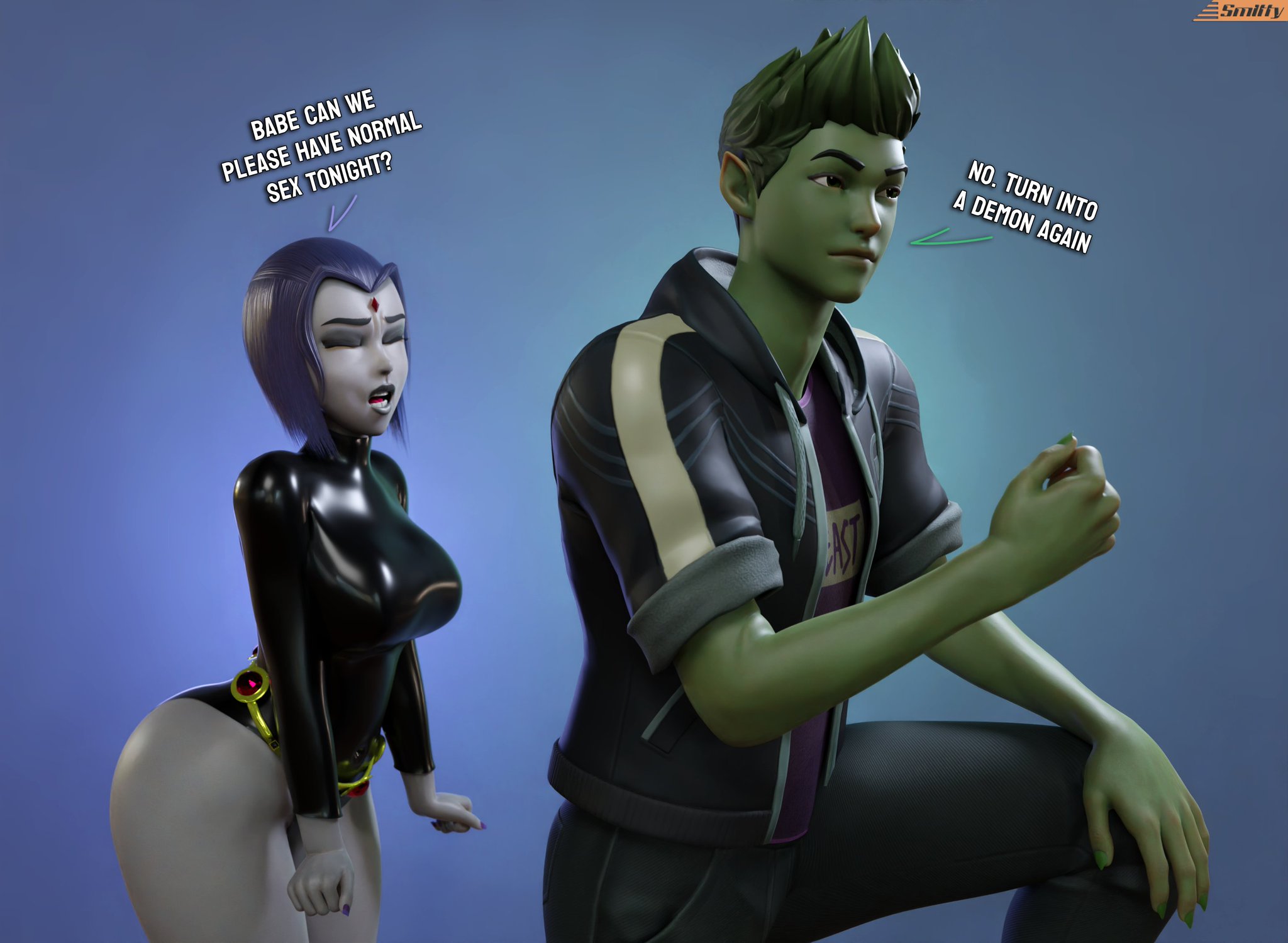 1boy, 1girls, 3d, ass, beast boy, big ass, big breasts, breasts, bust, busty, cambion, cartoon network, chest, curvaceous, curvy, curvy female, curvy figure, dc, dc comics, demon, demon girl, dialogue, english text, fat ass, female, female focus, forehead jewel, fully clothed, green hair, green skin, green-skinned male, half demon, hero, heroine, hips, hourglass figure, huge ass, huge breasts, human, large ass, large breasts, legs, leotard, light skin, light-skinned female, male, mature, mature female, pale skin, pale-skinned female, purple hair, rachel roth, raven (dc), shiny skin, slim waist, smitty34, teen titans, text, thick, thick hips, thick legs, thick thighs, thighs, thighs together, toonami, top heavy, voluptuous, waist, wide hips
