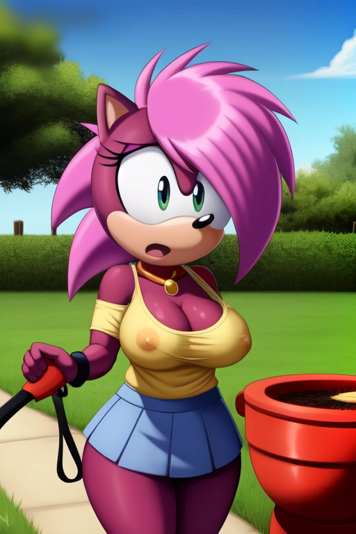 ai_generated ass breasts breasts hips magenta_fur nippels oiled outside pink_hair sega shiny_skin shirt skirt sonia_the_hedgehog sonic_(series) sonic_the_hedgehog_(series) sonic_underground tagme two_tone_body