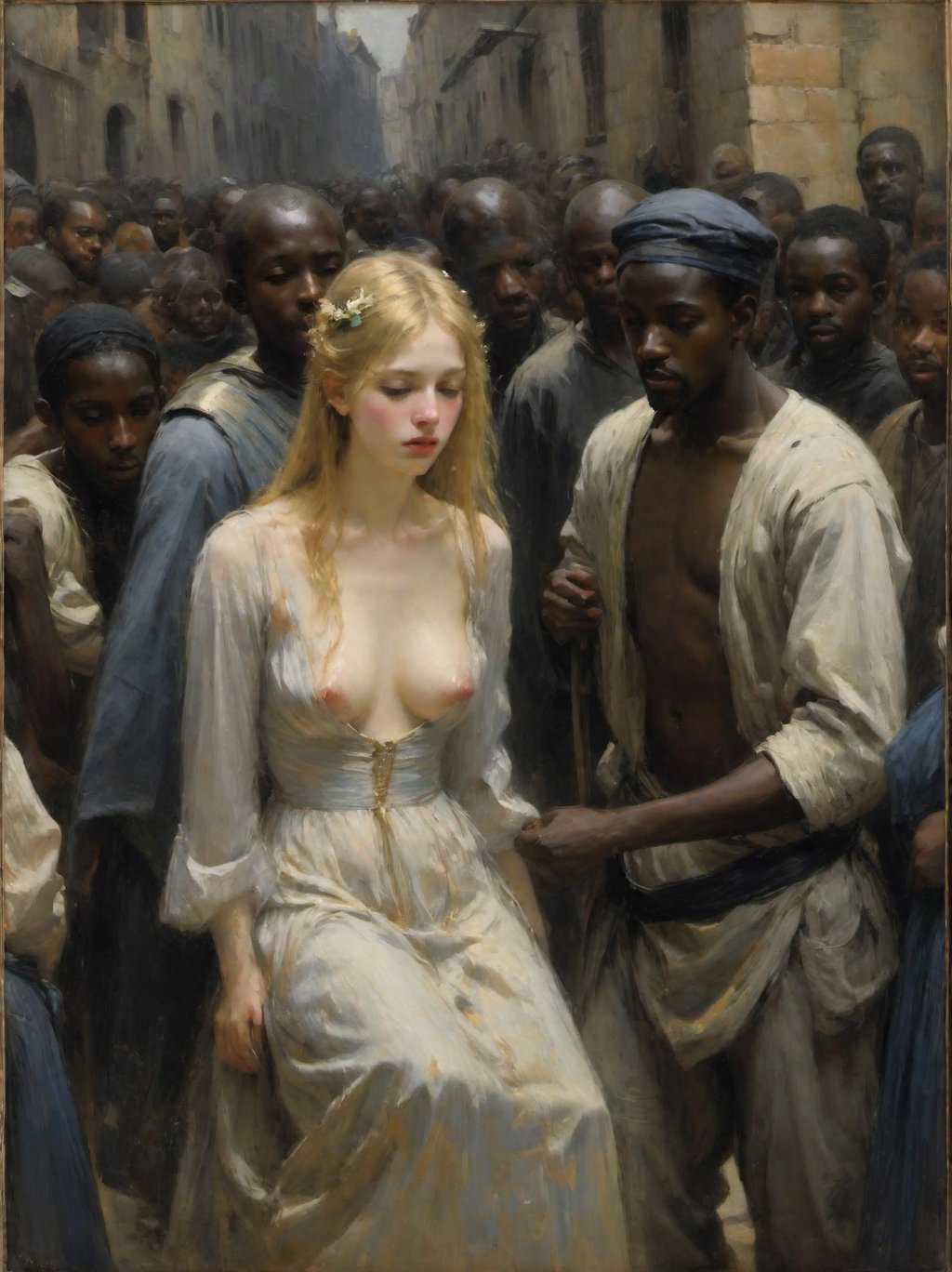1girls, ai generated, blonde hair, dark skin, dark-skinned male, female, interracial, male, multiple boys, multiple males, taprincesserose