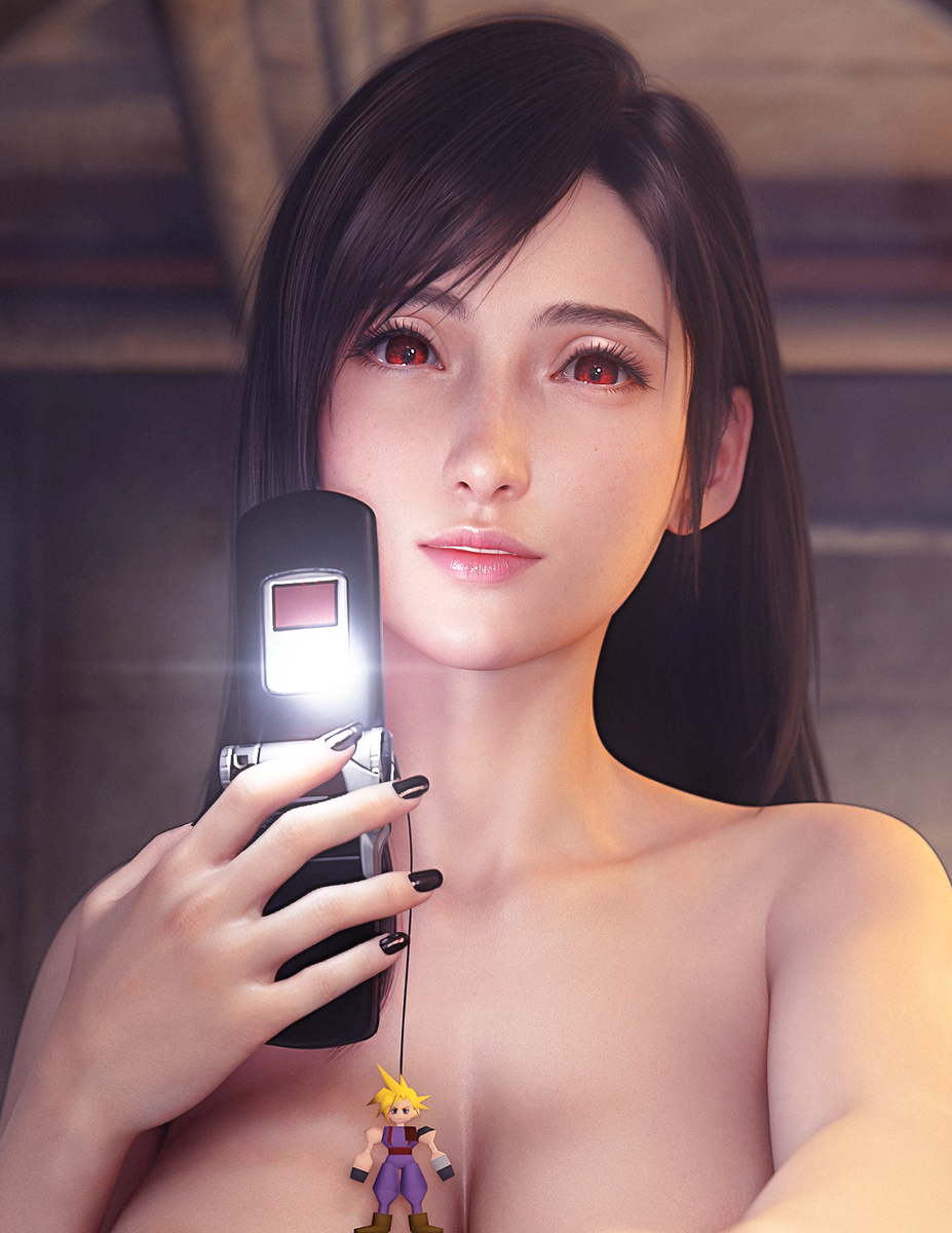 3d black_hair black_nails cellphone cloud_strife final_fantasy final_fantasy_vii implied_nudity long_hair looking_at_viewer red_eyes selfie sreliata_(artist) tifa_lockhart toy