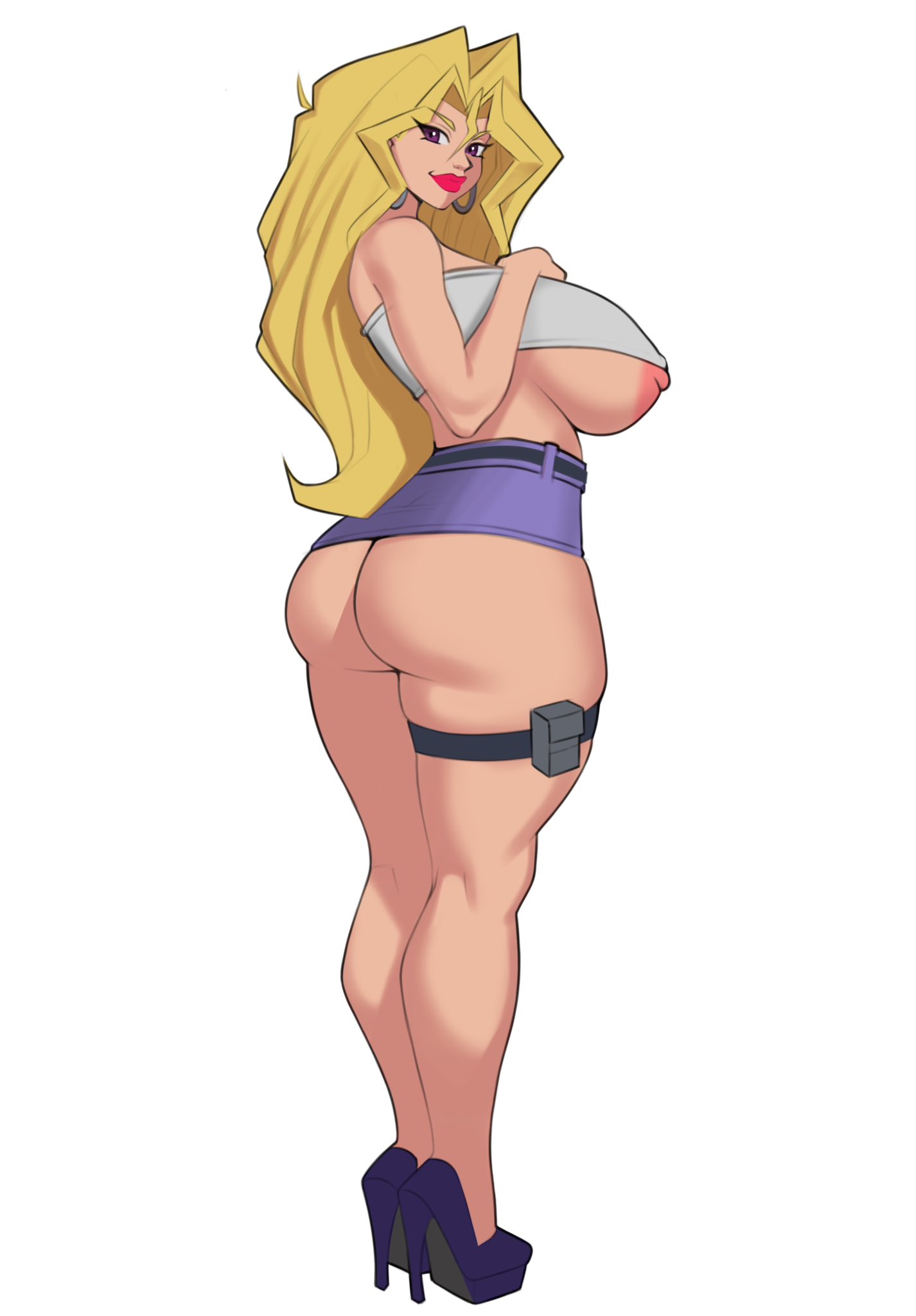 1girls, 2024, areolae, ass, back, back view, belt, big ass, big breasts, blonde hair, breasts, busty, calves, clothed, clothed female, clothing, crop top, curvaceous, curvy, earrings, female, female only, footwear, from behind, full body, hair, hi res, high heels, hoop earrings, hourglass figure, human, ineffective clothing, jakuson z, large areolae, large ass, large breasts, legs together, light skin, light-skinned female, lipstick, long hair, looking at viewer, looking back, looking back at viewer, mai valentine, microskirt, miniskirt, nipple slip, nipples, partially clothed, pink nipples, purple clothing, purple eyes, purple footwear, rear view, red lipstick, shirt, shoes, short skirt, simple background, skindentation, skirt, smile, smiling, smiling at viewer, solo, standing, thick thighs, thighlet, thighs, topwear, underboob, voluptuous, white background, wide hips, yu-gi-oh!, yu-gi-oh! duel monsters