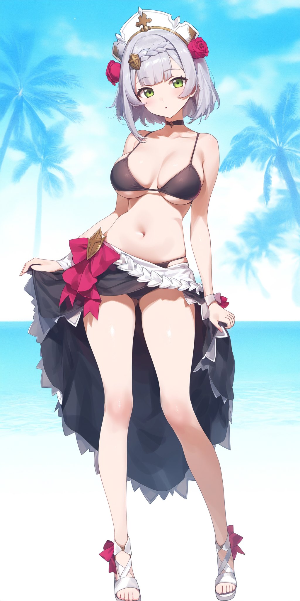 1girls, 2024, ai generated, alternate costume, belly button, big breasts, bikini, bikini bottom, bikini top, black bikini, black bikini bottom, black bikini top, bra, breasts, clouds, crowna77, day, female, female focus, female only, flower in hair, flowers, front view, full body, genshin impact, green eyes, grey hair, hourglass figure, hoyoverse, light skin, light-skinned female, long legs, looking at viewer, maid bikini, maid headdress, mihoyo, navel, noelle (genshin impact), ocean, outdoors, palm tree, sandals, short hair, sky, solo, solo female, solo focus, standing, summer, swimsuit, thong, thong bikini, two piece swimsuit, young, younger female