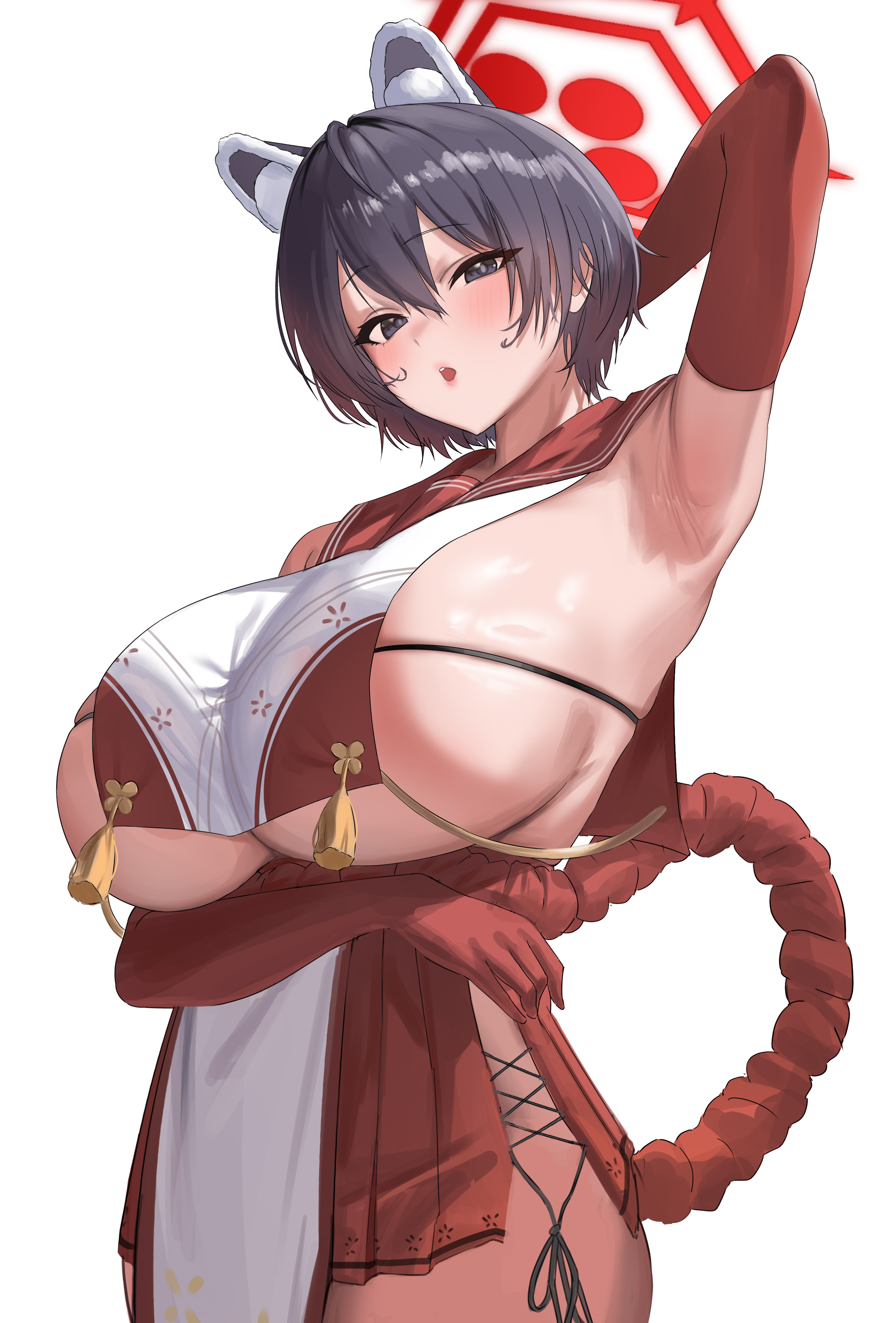 1girls, animal ears, armpits, arms up, big breasts, black hair, blue archive, blue eyes, blush, breasts, eyebrows visible through hair, female, female focus, female only, gloves, hair between eyes, halo, highres, huge breasts, large breasts, looking at viewer, open mouth, red halo, short hair, sideboob, simple background, skirt, solo, solo female, tsubaki (blue archive), white background, yeon