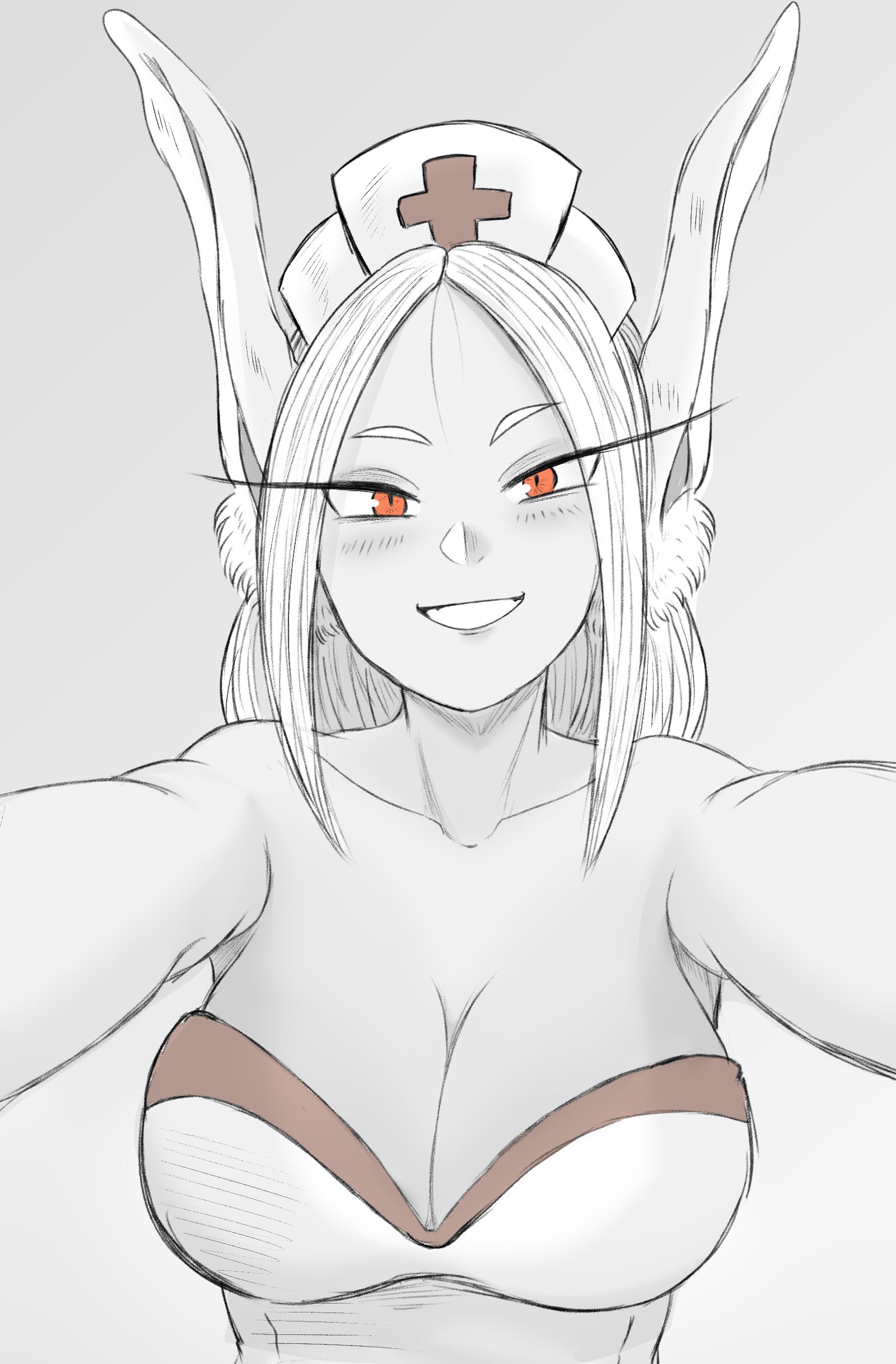 1girls, alternate version available, bare shoulders, big breasts, boku no hero academia, breasts, bunny ears, bunny girl, busty, cleavage, ettso, female, long eyelashes, miruko, monochrome, my hero academia, nurse, nurse cap, red eyes, rumi usagiyama, smile