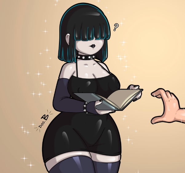 aged_up armwear bangs bangs_over_eyes big_breasts black_dress black_hair black_lipstick black_nails book choker collar doc.b eyes_covered fingerless_gloves goth hair_over_eyes lucy_loud question_mark sparkles stockings the_loud_house thighhighs wide_hips