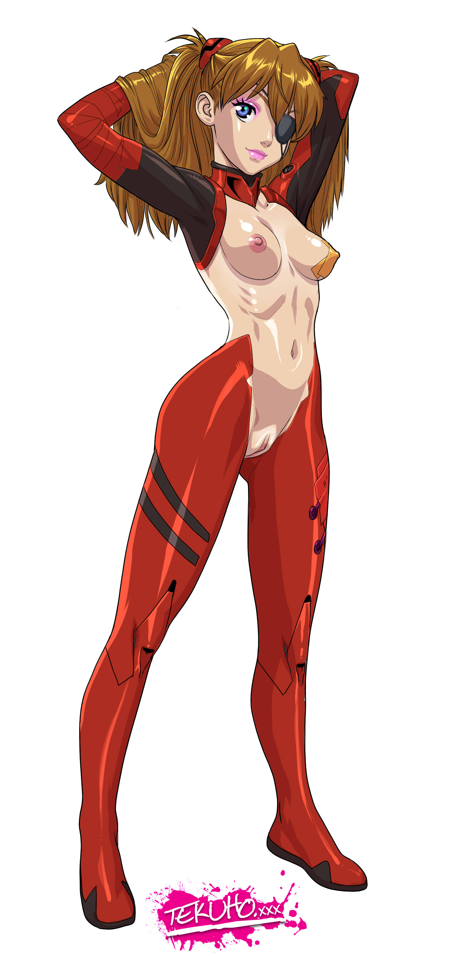 1girls, arms up, asuka langley sohryu, bandaid, blue eyes, breasts, brown hair, clothing, covered nipples, eye patch, eyeshadow, eyewear, female, female only, full body, functionally nude, functionally nude female, hair ornament, human, long hair, medium breasts, naked footwear, navel, neon genesis evangelion, nipples, no bra, no panties, plugsuit, pussy, revealing clothes, reverse outfit, solo, standing, tekuho