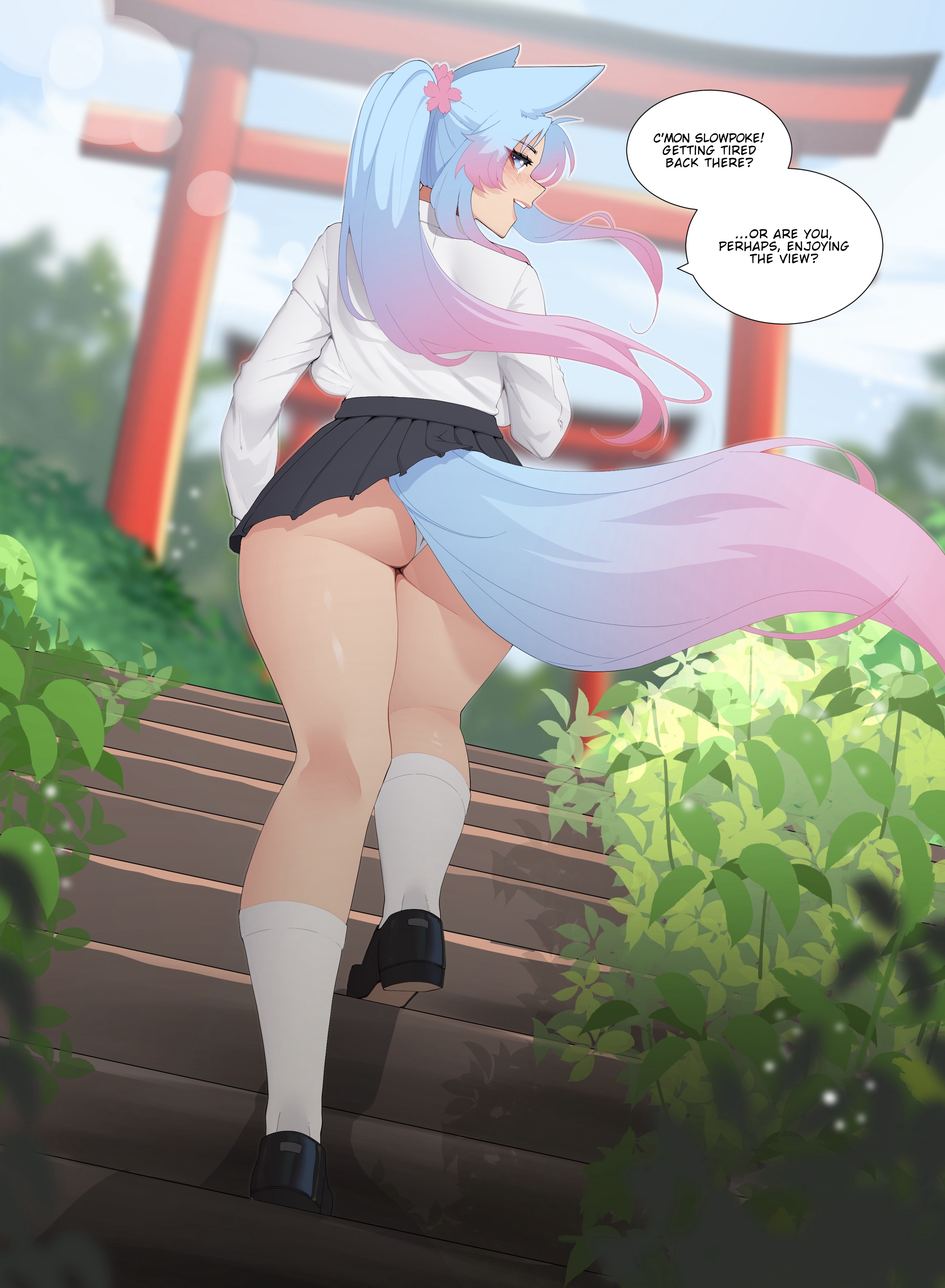 1girls, absurd res, animal humanoid, anthro, blue hair, breasts, canid, canid humanoid, canine, canine humanoid, clothed, clothing, detailed background, dialogue, english text, female, female only, fox ears, fox girl, fox tail, hair, hi res, humanoid, indie virtual youtuber, long hair, looking at viewer, looking back, looking back at viewer, luxurias, mammal, mammal humanoid, pink hair, rear view, silvervale, smiling, smiling at viewer, socks, solo, speech bubble, tail, talking to viewer, virtual youtuber, vtuber