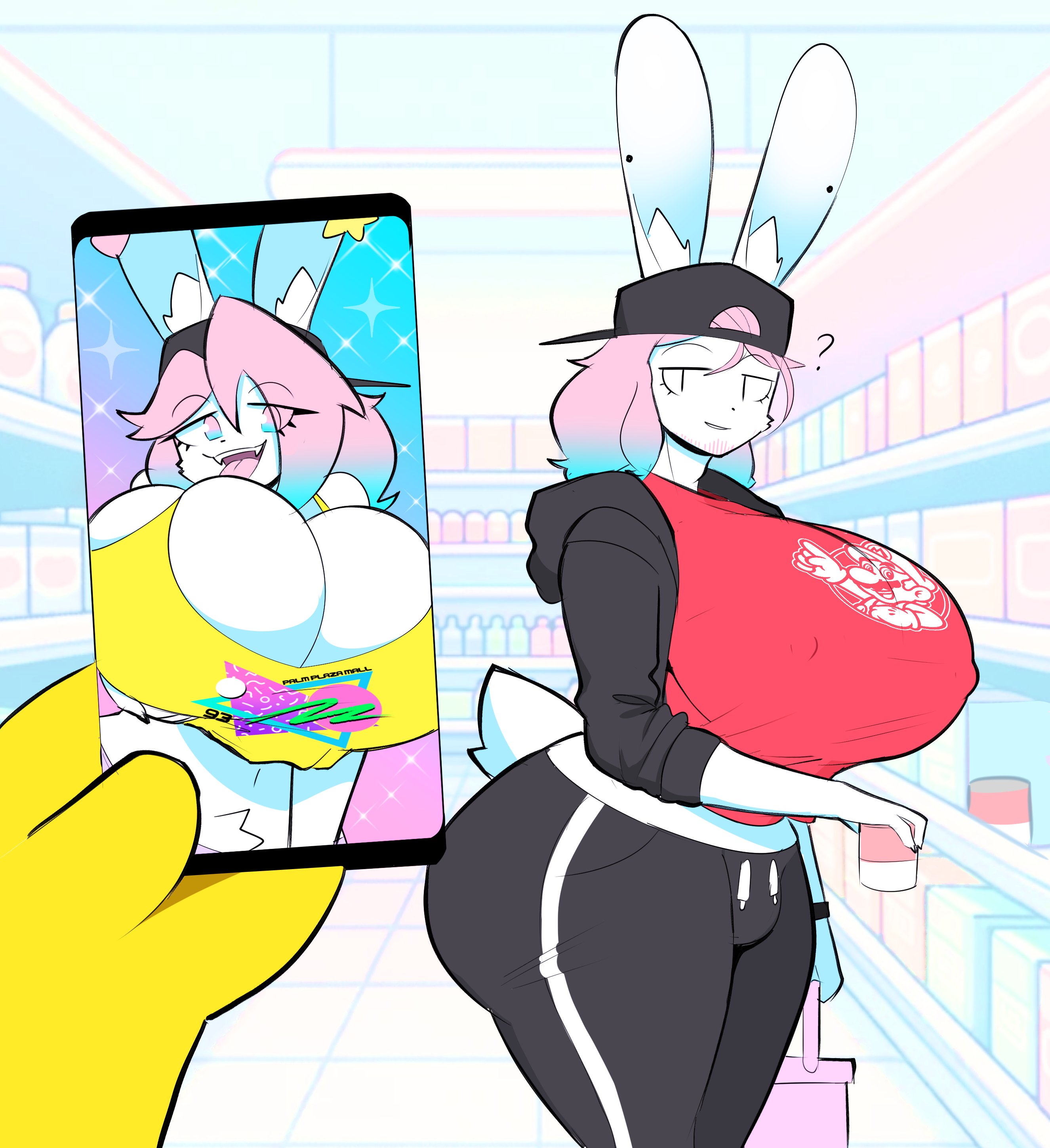 ?, 1girls, animal ears, anthro, ass, big breasts, breasts, cleavage, covered erect nipples, female, female focus, furry, gigantic breasts, grocery store, huge ass, huge breasts, juxtaposition, nipple bulge, peanut butter (theycallhimcake), phone, photo, photo comparison, pov hands, print shirt, rabbit, rabbit ears, rabbit girl, rabbit humanoid, rabbit tail, shopping, store, tagme, tail, theycallhimcake, thick thighs, wide hips, yellow shirt