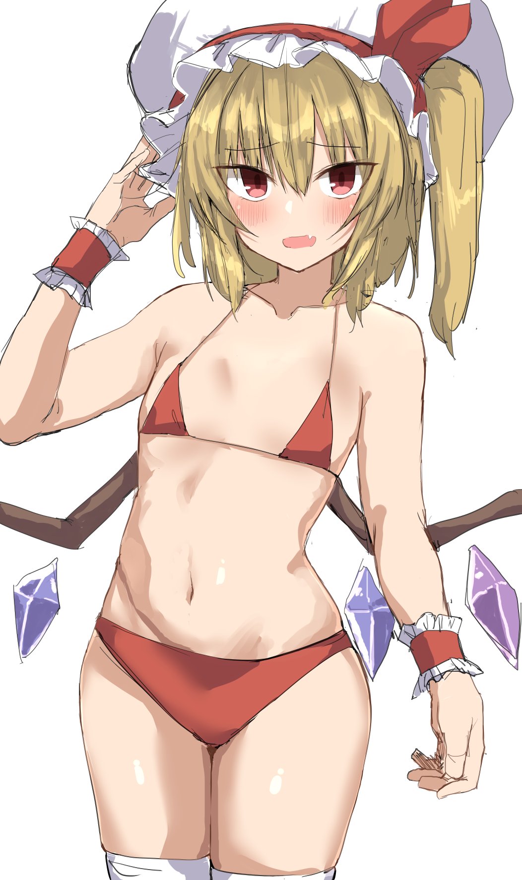 1girls bare_shoulders bikini blonde_hair blush breasts cowboy_shot crystal curvy curvy_figure curvy_hips fangs flandre_scarlet furrowed_brow golgi_hon hair_between_eyes hand_up hat hips leaning_to_the_side looking_at_viewer mob_cap navel one_side_up open_mouth ponytail red_bikini red_eyes red_ribbon ribbon short_hair simple_background skin_fang small_breasts solo swimsuit swimwear thick_thighs thighhighs touhou tsurime white_background white_hat white_thighhighs wings wrist_cuffs