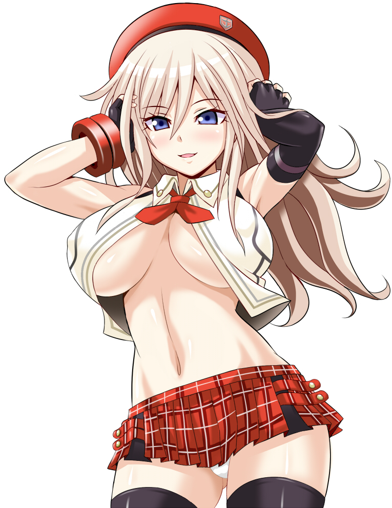 alisa_ilinichina_amiella anime_style arms_up blonde_hair breasts female god_eater konno_tohiro large_breasts light_smile long_hair navel plaid plaid_skirt simple_background skirt solo underboob