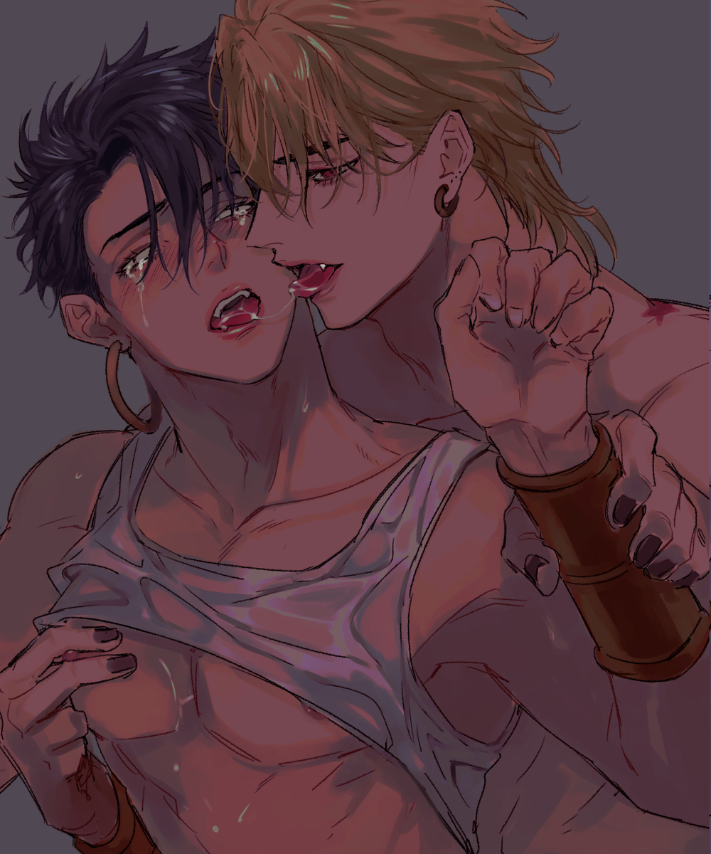 2boys black_hair black_hair_bottom blind blind_eye blonde_hair blonde_hair_on_black_hair blonde_hair_top dio_brando domination gay joestar_birthmark jojo's_bizarre_adventure kissing light_hair_on_dark_hair male male/male male_only n'doul saliva saliva_trail stardust_crusaders yaoi