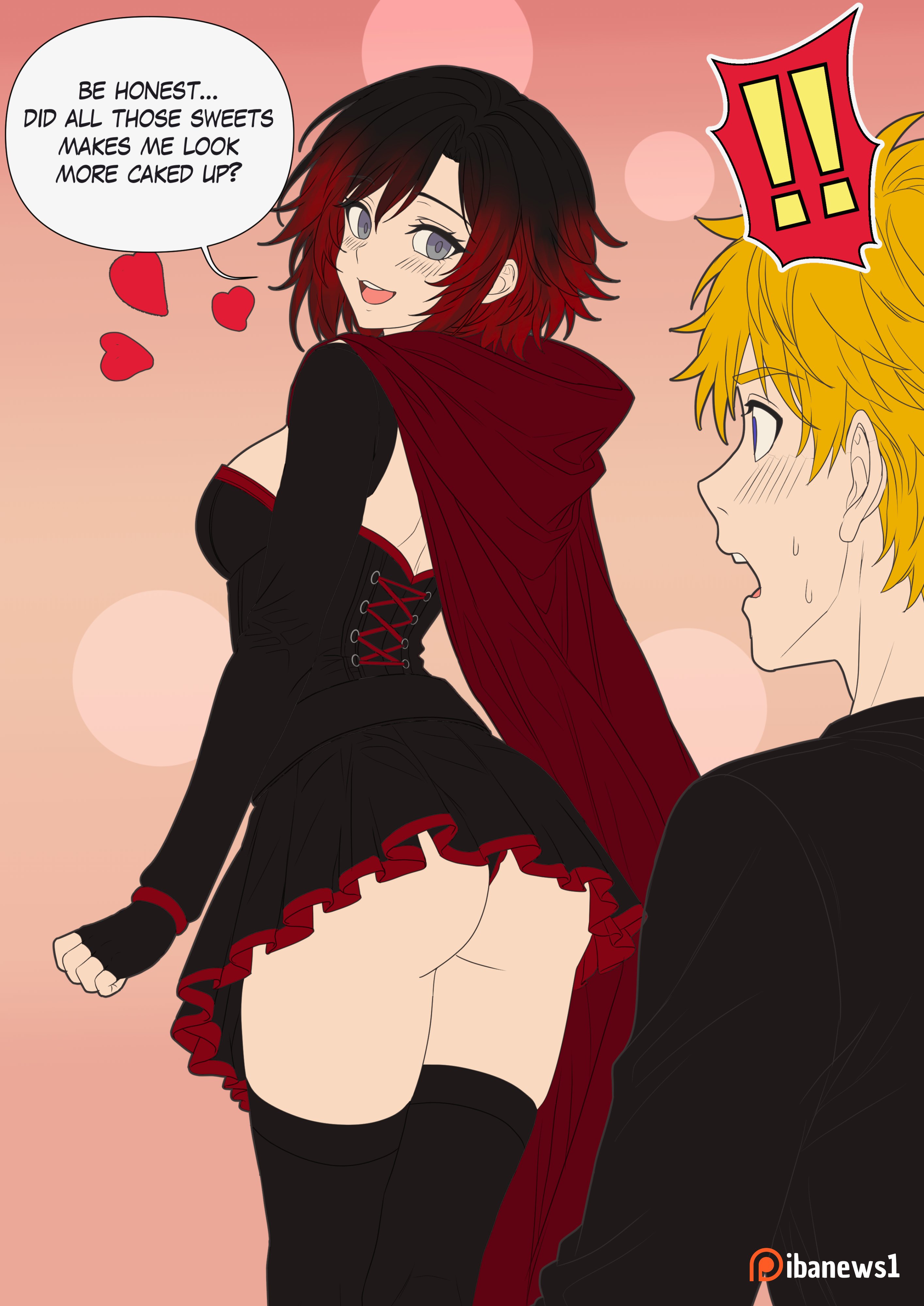 1boy, 1boy1girl, 1girl, 1girls, artist name, ass, black and red hair, blonde, blonde hair, blonde hair male, blonde-haired male, blue eyes, blush, blush lines, blushing, cape, cleavage, cloak, dialogue, english, english dialogue, english text, exclamation mark, exclamation point, gradient background, gradient hair, hood down, ibanews1, jaune arc, light skin, light-skinned female, light-skinned male, male/female, patreon, patreon username, redhead, redhead female, rooster teeth, ruby rose, rwby, seduction, seductive, short hair, silver eyes, stockings, thigh high stockings, thighhighs, viz media