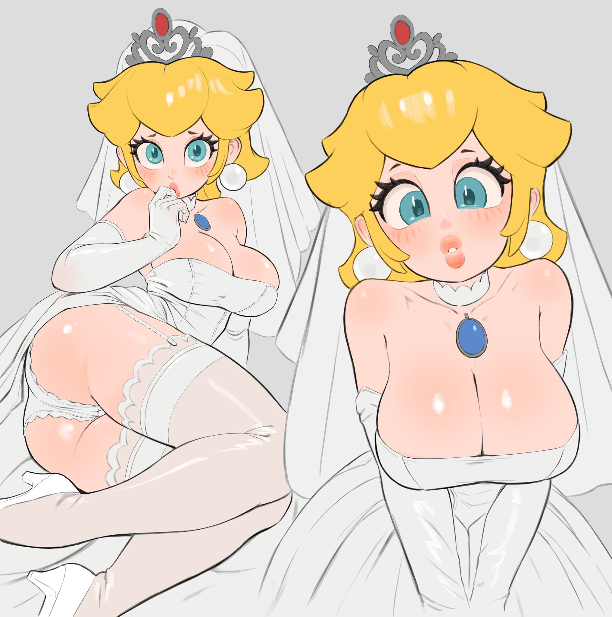 1girls, ass, ass focus, bare shoulders, big ass, big breasts, big butt, blonde hair, blue eyes, blush, blushing, boobs and butt pose, breasts, busty, commentary, curvaceous, curvy, curvy female, curvy figure, dress, earring, earrings, eyelashes, female, female focus, female only, half-closed eyes, hi res, high resolution, highres, huge ass, huge breasts, jewelry, large ass, large breasts, light skin, light-skinned female, lips, lipstick, long eyelashes, long hair, looking at viewer, looking back, makeup, mario (series), mature woman, mineru128127, nail polish, narrowed eyes, nintendo, official alternate costume, open mouth, panties, pantylines, pink lips, pink nails, princess peach, ribbon, sideboob, simple background, solo, solo female, solo focus, sphere earrings, super mario bros., thick lips, thick thighs, thighs, underwear, voluptuous, voluptuous female, wedding dress, white background, white dress, white panties, white underwear