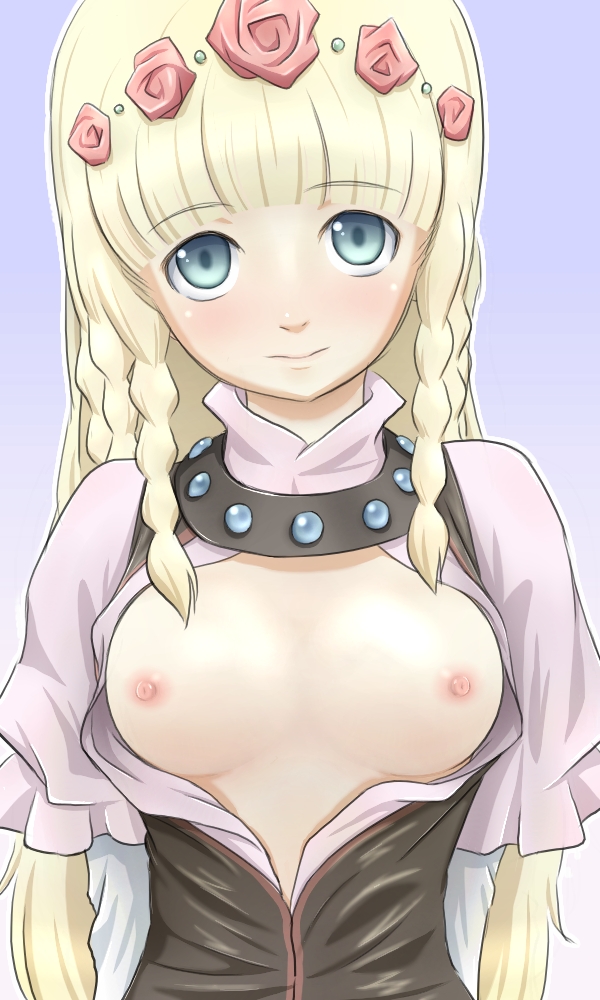 blonde_hair blue_eyes blush braid braids breast breasts flower open_clothes open_shirt shirley_fennes shirt tales_of_(series) tales_of_legendia very_long_hair