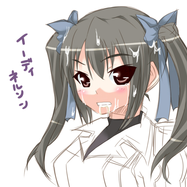 blue_ribbon blush bow clothing cum cum_in_hair cum_on_hair edy_nelson facial grey_hair long_hair ribbon tamane_remix tied_hair translation_request twintails valkyria_chronicles valkyria_chronicles_1