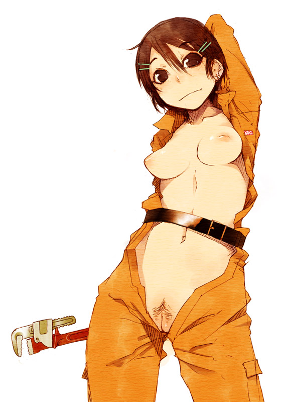 breasts brown_eyes brown_hair female jumpsuit mashimi nipples open_clothes open_shirt original pubic_hair pussy shimimaru shirt solo tool tools wrench