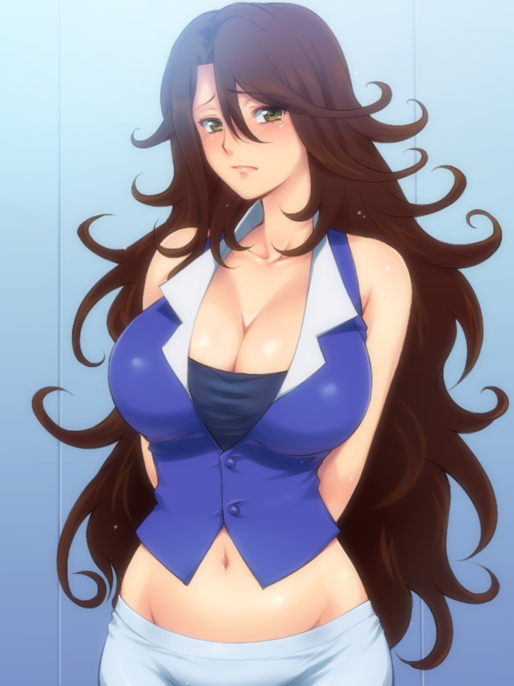 arms_behind arms_behind_back bare_shoulders blush breasts brown_hair bust cleavage cute female female_only gundam gundam_00 hairu huge_breasts human lips long_hair midriff mound_of_venus navel solo sumeragi_lee_noriega yellow_eyes