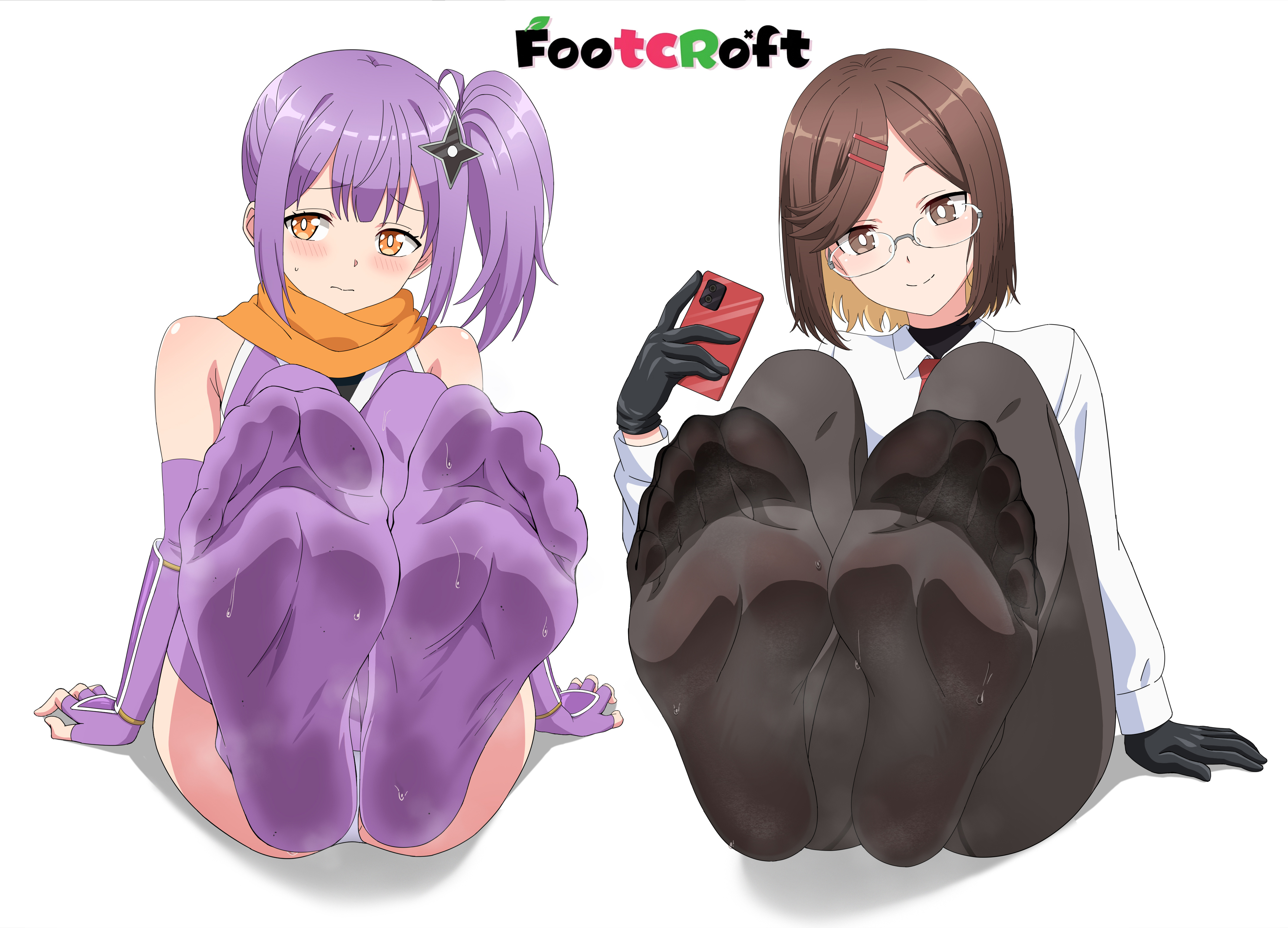 2girls, artist name, artist signature, background, black gloves, black legwear, black pantyhose, blush, brown eyes, brown hair, clothed female, clothing, collared shirt, color, colored, elbow gloves, embarrassed, embarrassed expression, embarrassed female, feet, fingerless gloves, foot focus, footcroft, glasses, gloves, golden eyes, holding object, holding phone, koga konoha, kusagakure satoko, legs together, legwear, light skin, light smile, light-skinned female, long sleeves, ninja, ninja to koroshiya no futarigurashi, pantyhose, phone, purple hair, purple legwear, purple stockings, scarf, shaded, shirt, short hair, shuriken hair ornament, side ponytail, simple background, sitting, smartphone, smile, soles, soles of feet in socks, stockings, sweat, sweaty feet, toes, watermark, white background, white shirt