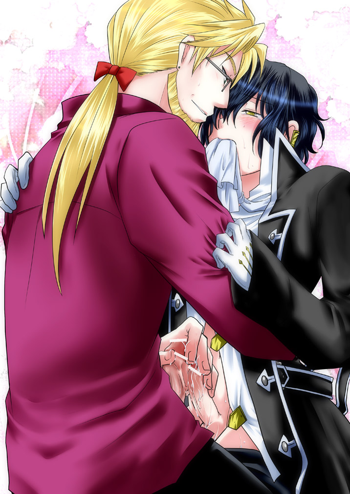 2boys beard bite biting blush cry cum facial_hair gilbert_nightray glasses gloves hanamaru_(pixiv) handjob male multiple_boys open_clothes open_shirt oscar_vessalius pandora_hearts penis piercing ribbon smile sweat tears yaoi