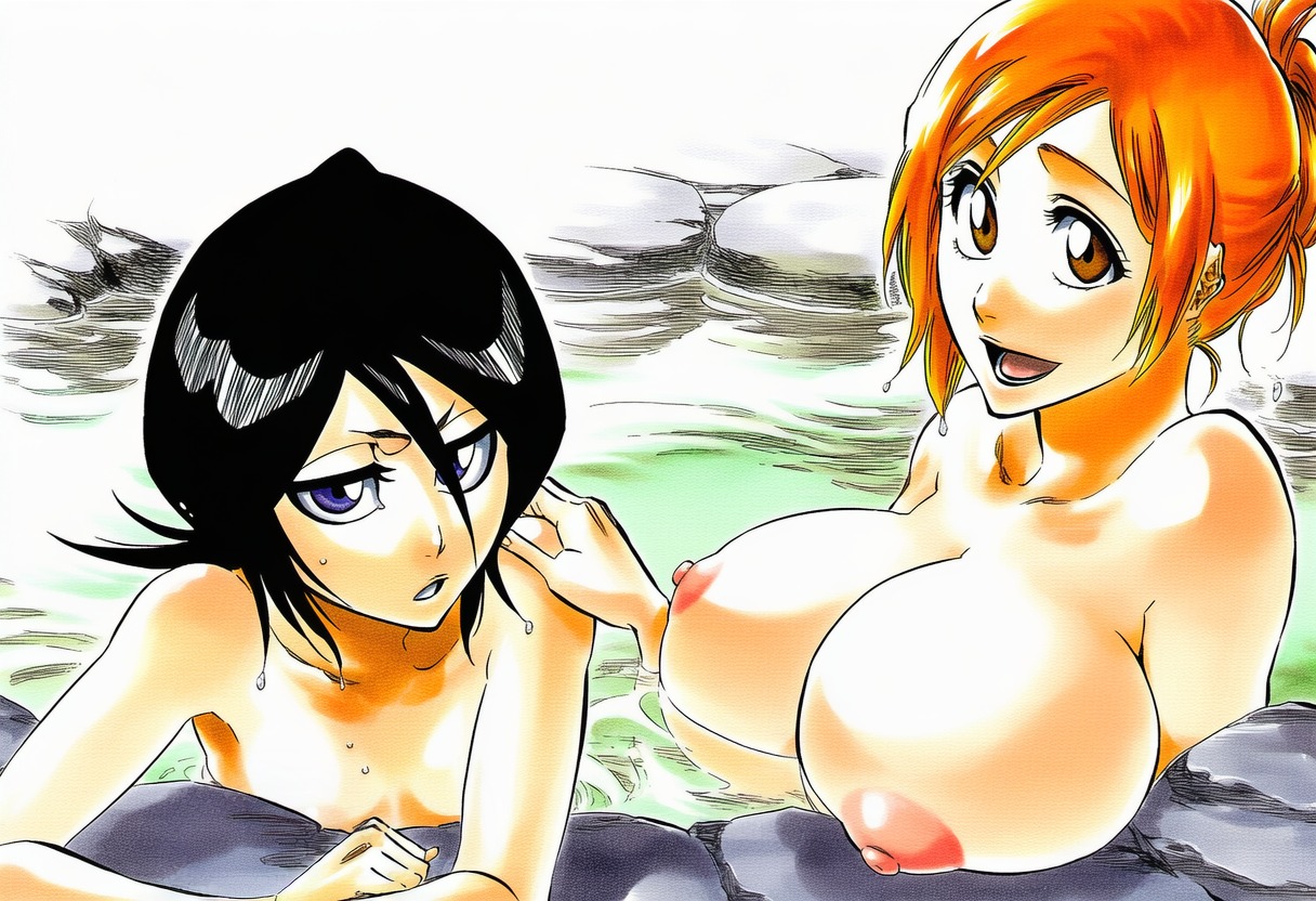 2girls, accurate art style, accurate body type, ai generated, annoyed, areolae, bare arms, bare breasts, bare shoulders, bathing, bathing together, big breasts, black hair, black-haired female, bleach, breast focus, breast rest, breast size difference, breasts, breasts bigger than head, brown eyes, busty, casual nudity, cel shading, clavicle, cleavage, collarbone, completely naked, completely naked female, completely nude, completely nude female, digital media (artwork), dripping wet, duo, duo focus, fanart, female, female focus, female only, flat chest, hair between eyes, hair bun, hair up, hand on another's shoulder, hand on shoulder, happy, highres, hot spring, huge breasts, in water, inoue orihime, kuchiki rukia, large breasts, leaning forward, light skin, light-skinned female, line art, looking at viewer, lower teeth only, manga style, multiple girls, nipples, nude, nude female, onsen, open mouth, orange hair, orange-haired female, outdoors, parted lips, partially submerged, petite, petite female, pink nipples, purple eyes, rock, shared bathing, shiny hair, shiny skin, short hair, slender body, slender waist, smile, tied hair, tite kubo style, unamused, upper body, v-shaped eyebrows, water, water drop, wet, wet hair, wet skin