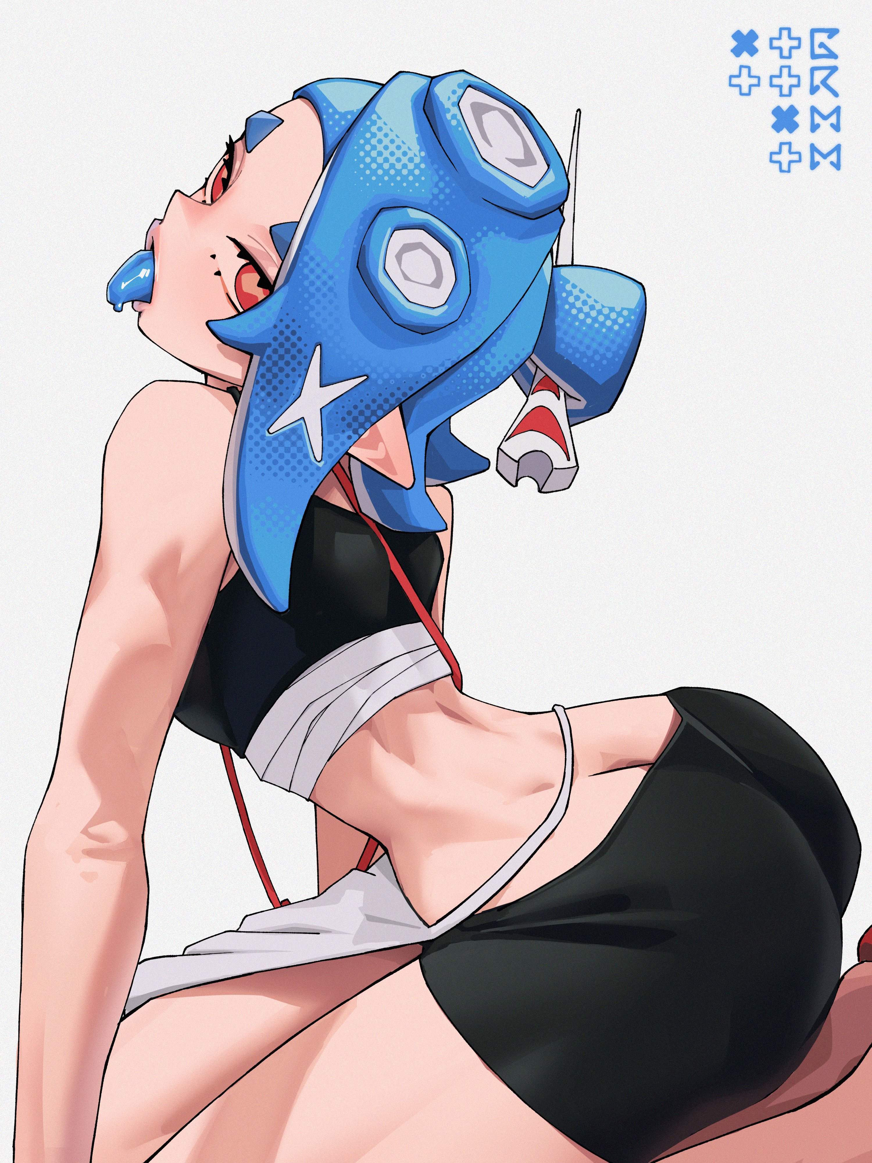 1girls, ass, ass cleavage, ass focus, bedroom eyes, bike shorts, blue hair, blue tongue, female, female focus, female only, grmm, looking at viewer, midriff, octoling, octoling girl, octopus, red eyes, shiver (splatoon), slim waist, splatoon, splatoon (series), splatoon 3, tagme, tentacle hair, tongue, tongue out, white background