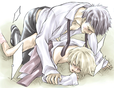 2boys anal blush bottomless closed_eyes cum grab haninozuka_mitsukuni lowres morinozuka_takashi multiple_boys necktie open_clothes open_mouth open_shirt ouran_high_school_host_club outdoors outside sex shirt sweat sweatdrop tie yaoi