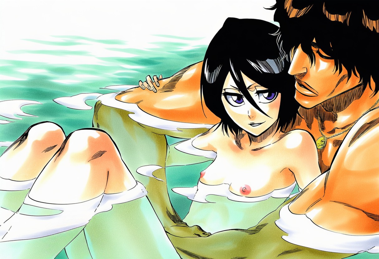 1boy, 1girl, accurate art style, accurate body type, ai generated, areolae, arm around partner, bare arms, bare breasts, bare legs, bare shoulders, bathing, bent knees, black hair, bleach, breasts apart, brown hair, cel shading, clavicle, closed eyes, collarbone, completely naked, completely naked female, completely nude, completely nude female, dark skin, dark-skinned male, digital media (artwork), duo, duo focus, embrace, fanart, female, flat chest, hair between eyes, hair over one eye, hand on arm, hatching (texture), highres, hot spring, jewelry, knees up, kuchiki rukia, light skin, light-skinned female, line art, looking at another, male, manga style, mixed bathing, muscular, muscular male, necklace, nipples, nude, nude female, one eye covered, onsen, outdoors, parted lips, partially submerged, perky breasts, petite, petite female, pink nipples, purple eyes, rock, sado yasutora, shared bathing, shiny hair, shiny skin, short hair, sitting, sitting in water, sitting on another, sitting on lap, sitting on person, size difference, slender body, slender waist, smile, three-quarter view, tite kubo style, v-shaped eyebrows, water, wet, wet skin, yasutora sado