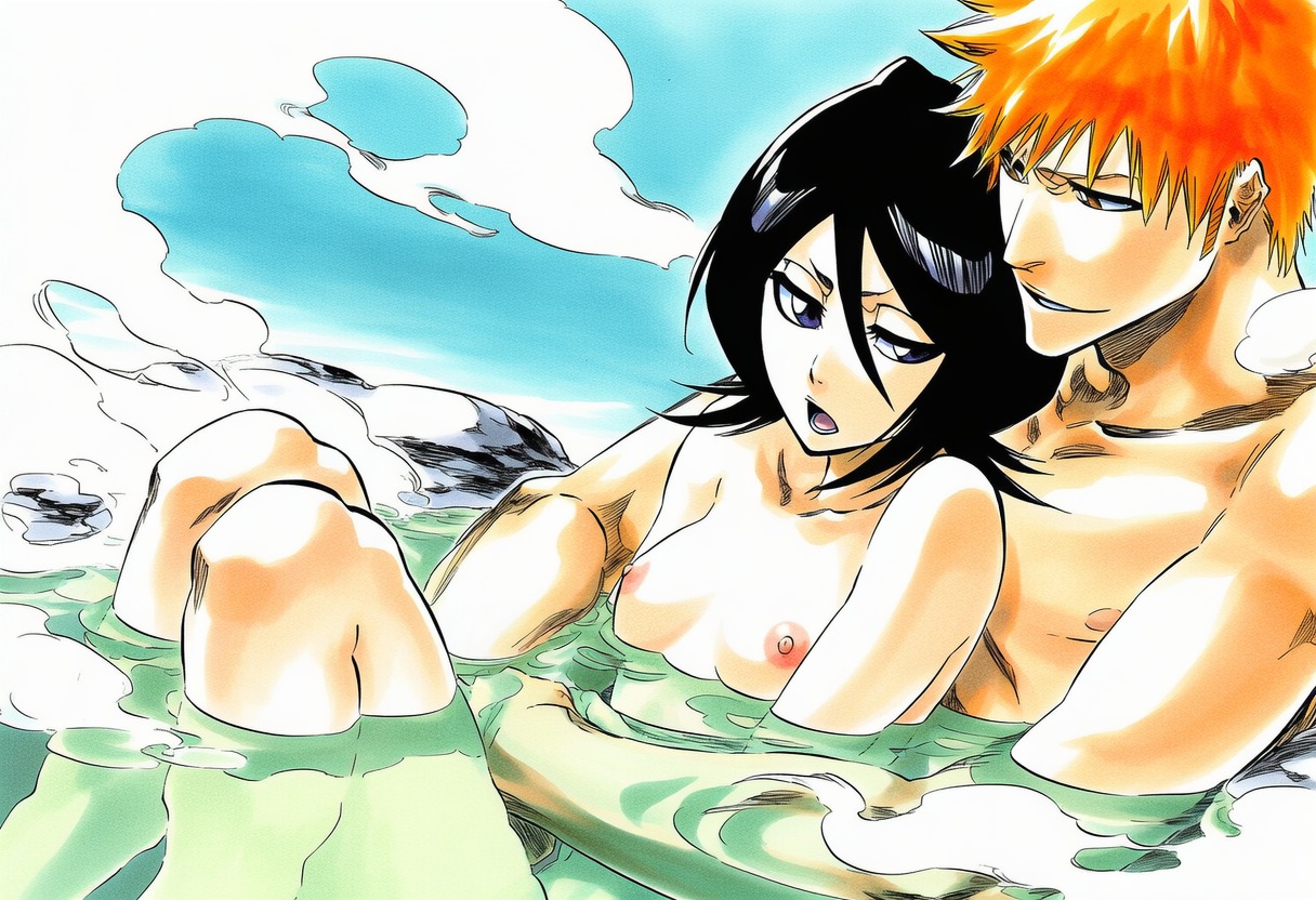 1boy, 1girl, accurate art style, accurate body type, ai generated, areolae, arm around partner, arms around partner, bare arms, bare breasts, bare legs, bare shoulders, bathing, bathing together, belly button, black hair, black-haired female, bleach, breasts apart, brown eyes, cel shading, clavicle, collarbone, completely naked, completely naked female, completely nude, completely nude female, couple, digital media (artwork), duo, duo focus, embrace, fanart, female, hair between eyes, half-closed eyes, hatching (texture), hetero, highres, hot spring, in water, knees up, kuchiki rukia, kurosaki ichigo, light skin, light-skinned female, light-skinned male, line art, looking at another, lower teeth only, male, manga style, mixed bathing, navel, nipples, nude, nude female, nude male, onsen, open mouth, orange hair, orange-haired male, outdoors, partially submerged, perky breasts, petite, petite female, pink nipples, purple eyes, rock, shared bathing, shiny hair, shiny skin, short hair, sitting, sitting in water, sitting on another, sitting on lap, sitting on person, slender body, slender waist, small breasts, smile, spiked hair, spiky hair, steam, steam clouds, three-quarter view, tite kubo style, v-shaped eyebrows, water, wet, wet skin