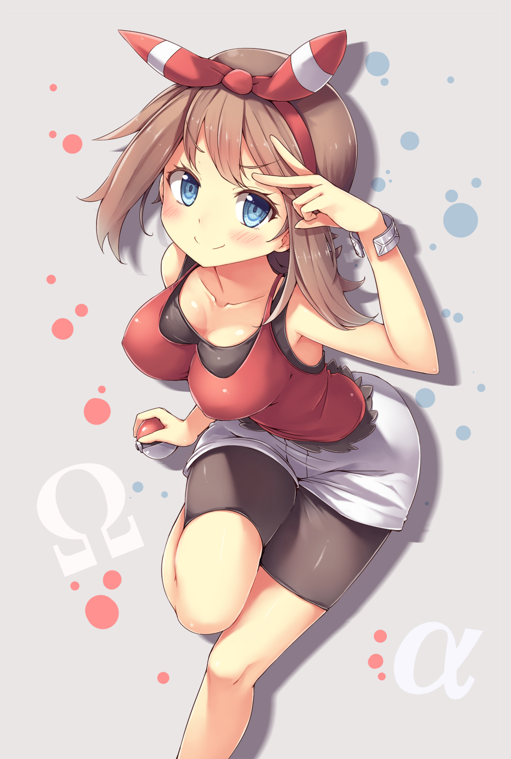 big_breasts bike_shorts blue_eyes blush bow bracelet brown_hair cleavage female female_only grey_background hair_ribbon holding holding_poke_ball human human_only impossible_clothes impossible_shirt jewelry leg_up looking_at_viewer may_(pokemon) may_(pokemon_oras) nintendo poke_ball pokemon pokemon_oras ribbon shirt sleeveless sleeveless_shirt smile snowcanvas solo two_side_up undershirt