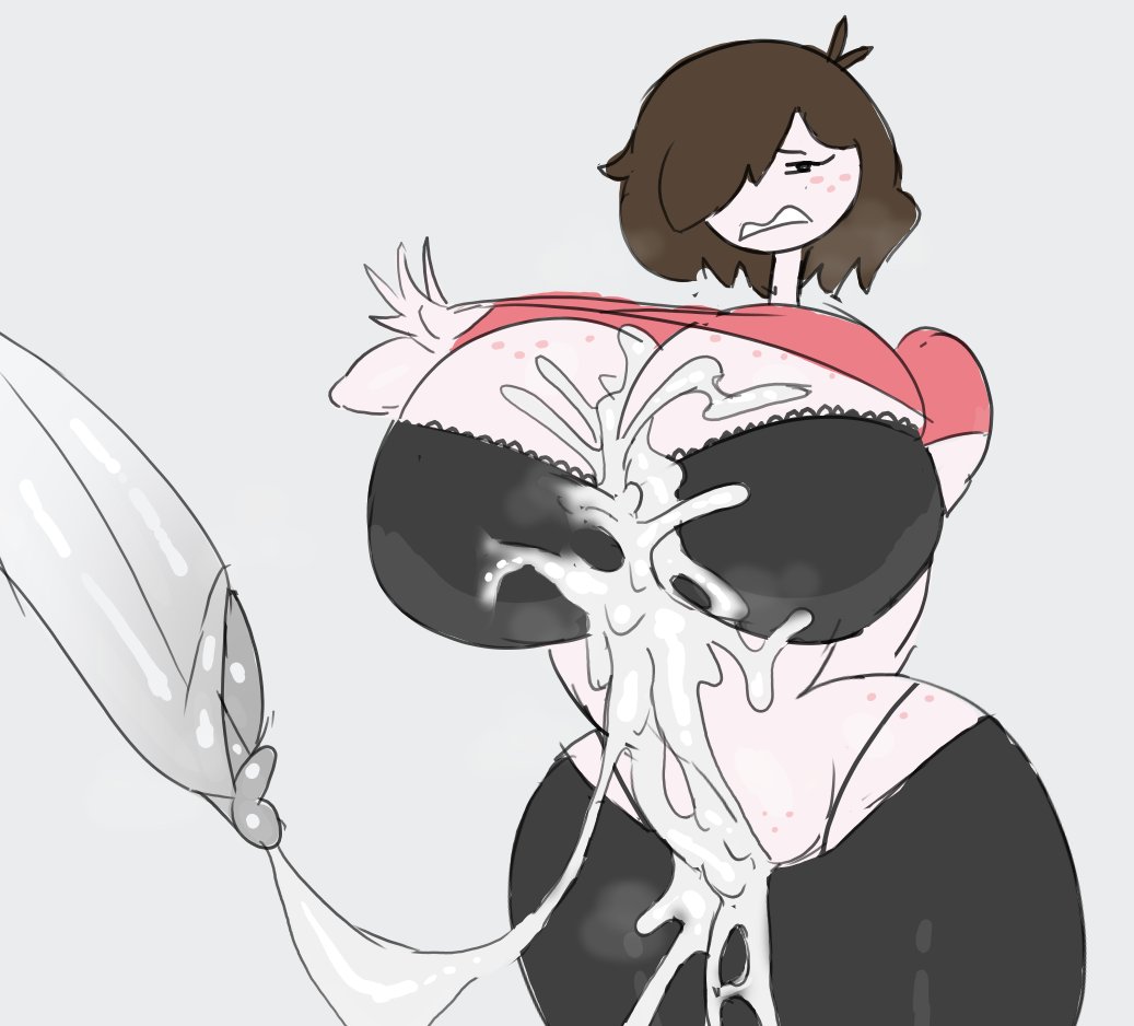 1girls, ahoge, arm behind back, big breasts, big hips, big penis, big tits, black bra, black pants, bra, breath cloud, brown hair, cum string, cumshot, cumshot on breasts, disgusted, disgusted look, dudetherealest, ejaculation, ejaculation between breasts, eyelashes, female, freckles, freckles on breasts, freckles on face, genital fluids, genitals, hair covering eye, huge breasts, huge hips, huge penis, huge tits, lifting shirt, mob face, oc, original character, plain background, post-orgasm paizuri, red shirt, red topwear, short hair, thong, voluptuous, voluptuous female, white body, white skin