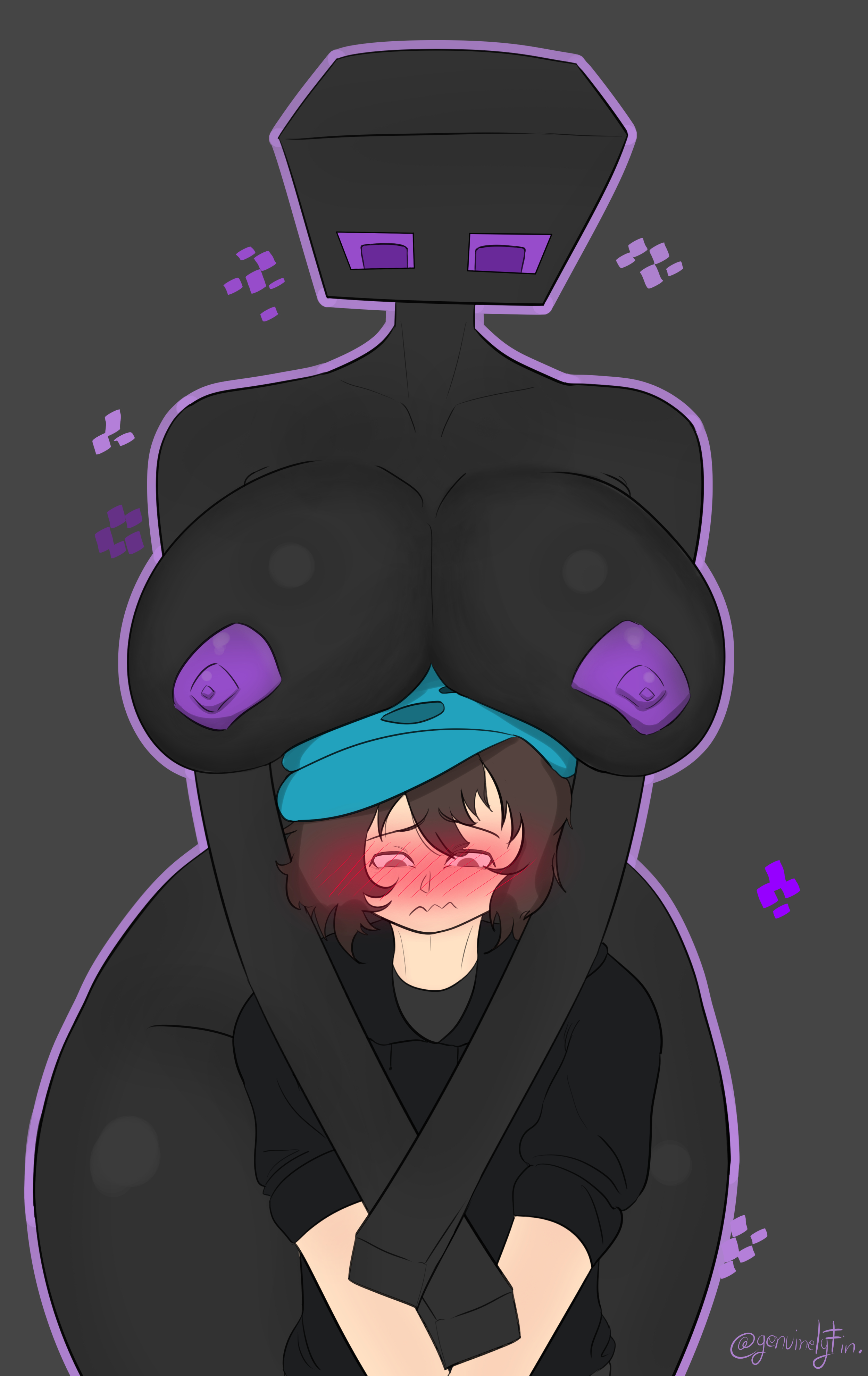 1boy, 1girls, areolae, big breasts, enderman, enderwoman, genuinelyfin, hugging, hugging from behind, minecraft