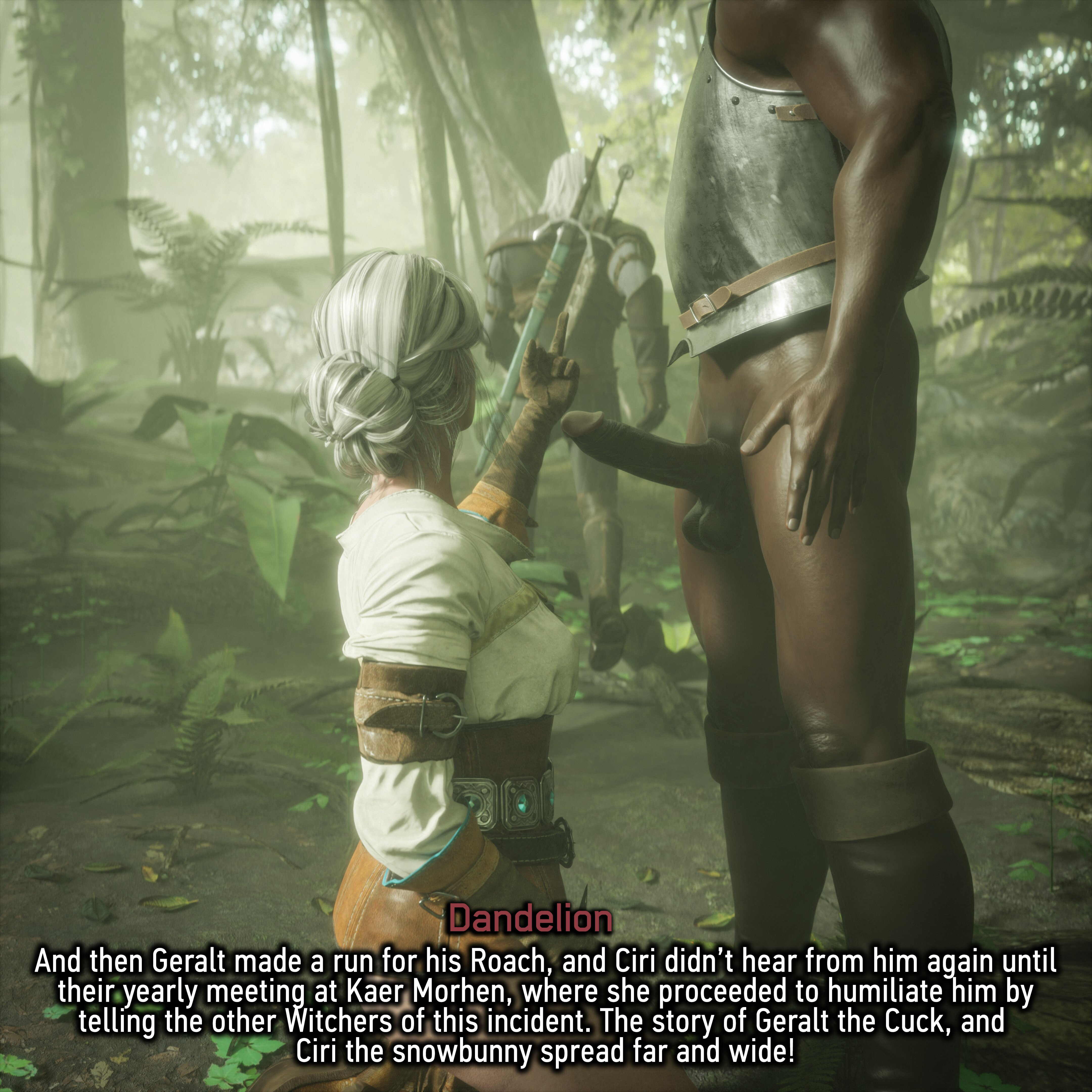 1girls, 2boys, 3d, brown gloves, cd projekt red, ciri, comic, currysfm, dark skin, dark-skinned male, female, flipping off, geralt of rivia, gloves, interracial, middle finger, small penis, small penis humiliation, stepfather and stepdaughter, the witcher (series), the witcher 3: wild hunt