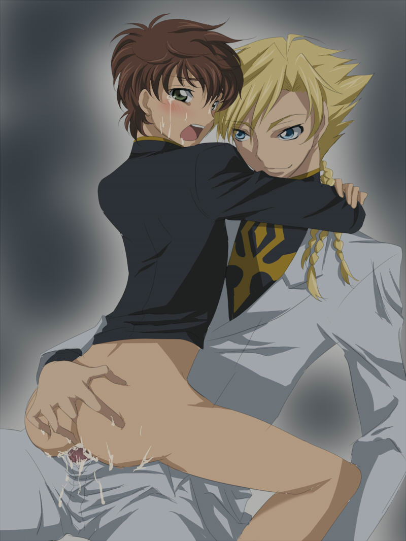 2boys anal anal_fingering ass ass_grab blonde_hair blush bottomless code_geass cry cum cum_in_ass fingering gino_weinberg hug kururugi_suzaku looking_back multiple_boys open_mouth saliva smile smirk spread_legs tears uniform yaoi