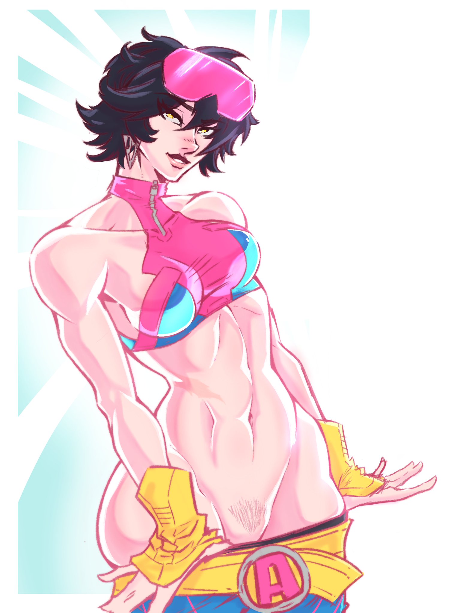 1girls, 2d, female, jubilation lee, jubilee, jubilee (marvel rivals), marvel, marvel comics, marvel rivals, midriff, pubic hair, pulling down pants, solo, superhero, superheroine, x-men