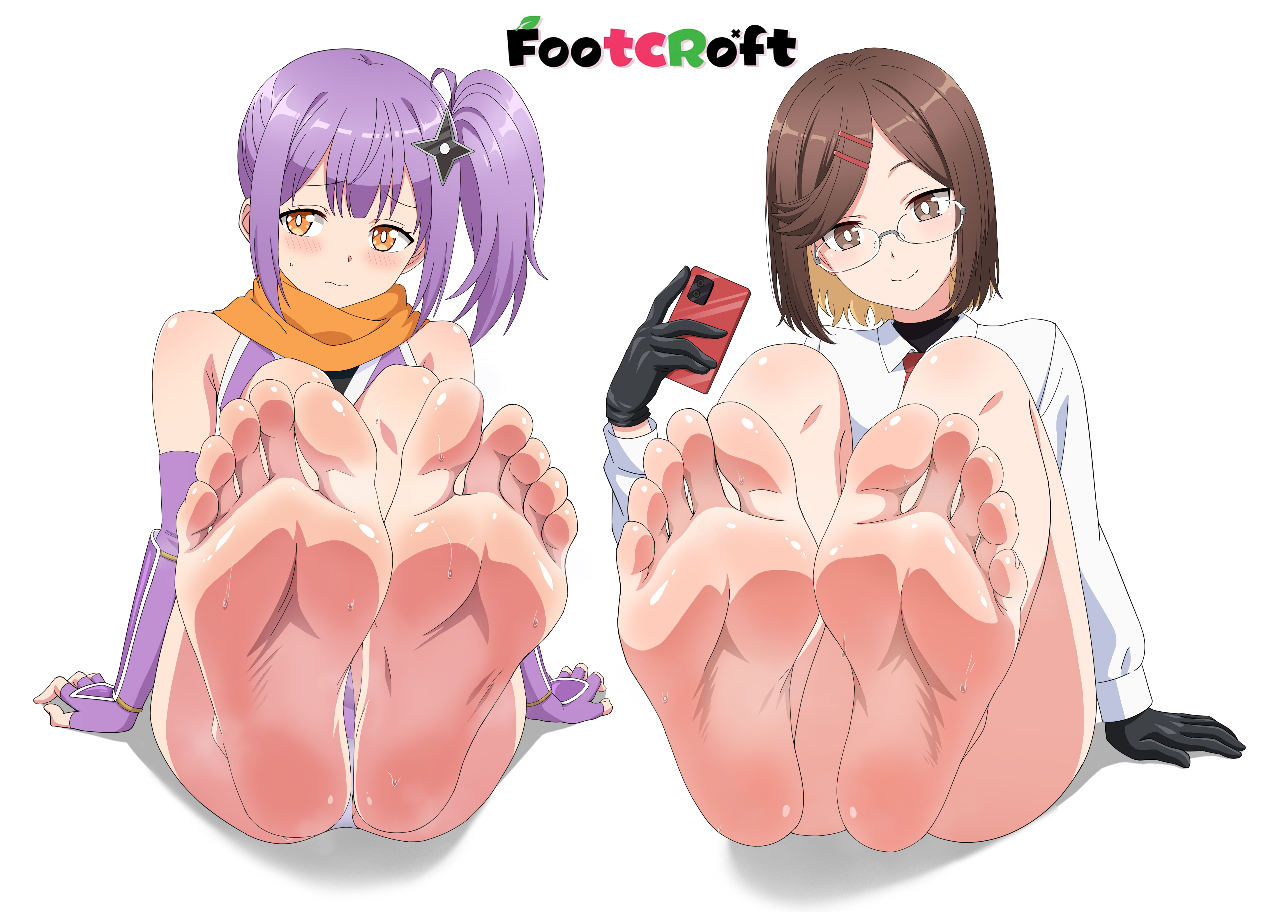 2d, 2girls, artist name, artist signature, bare legs, barefoot, black gloves, blush, brown eyes, brown hair, clothed female, clothing, collared shirt, color, colored, digital drawing (artwork), digital media (artwork), elbow gloves, embarrassed, embarrassed expression, embarrassed female, feet, fingerless gloves, foot focus, footcroft, glasses, gloves, golden eyes, holding object, holding phone, koga konoha, kusagakure satoko, legs together, light skin, light smile, light-skinned female, long sleeves, ninja, ninja to koroshiya no futarigurashi, phone, purple hair, scarf, shaded, shadow, shirt, short hair, shuriken hair ornament, side ponytail, simple background, smartphone, smile, soles, sweat, sweaty feet, toes, watermark, white background, white shirt