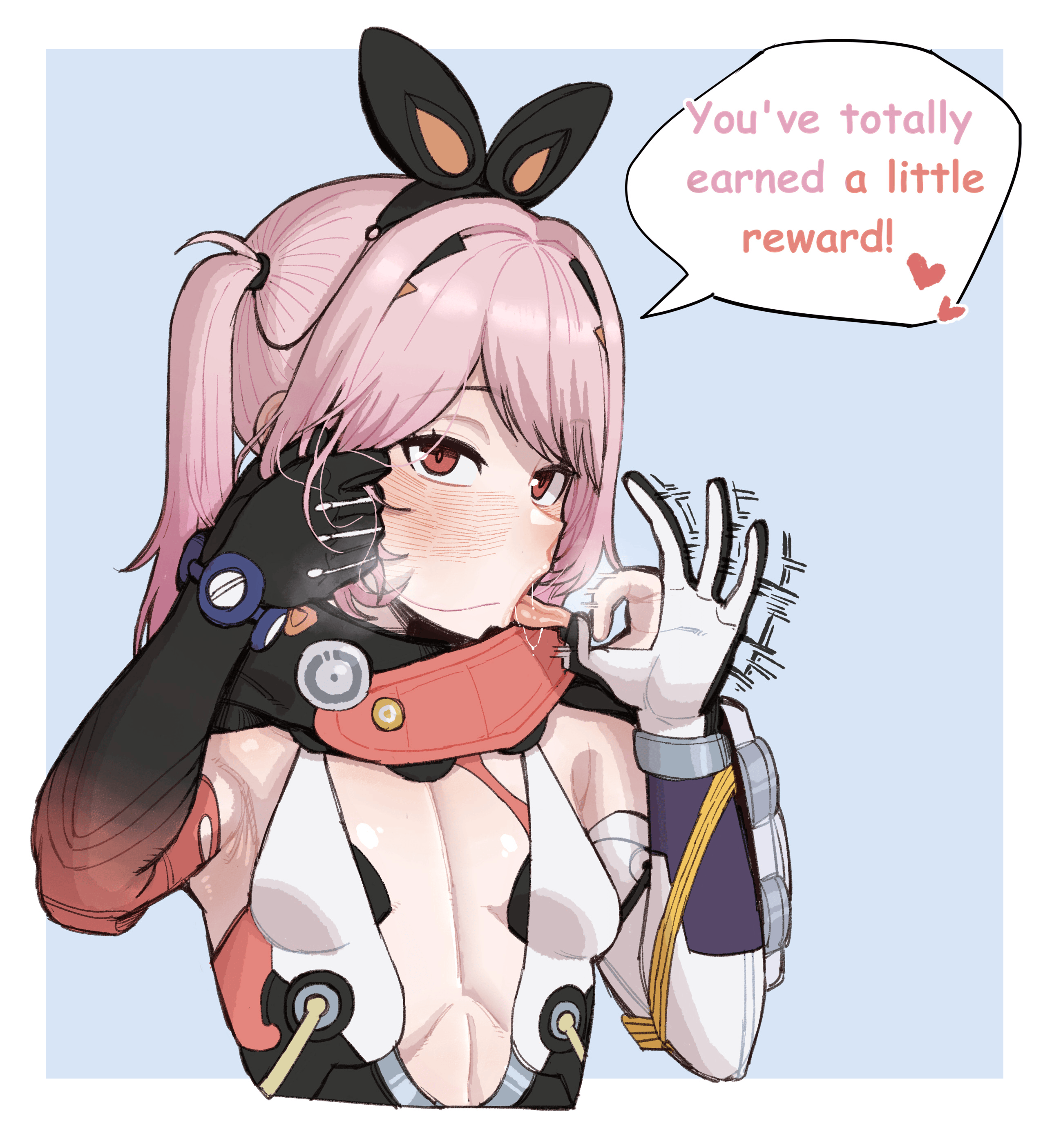 1girls, adjusting hair, blush, cropped torso, ebonyxh, english, english dialogue, english text, fellatio gesture, fritia (snowbreak: containment zone), fritia ignis, looking at viewer, offering, offering blowjob, offering to viewer, pink hair, red eyes, simple background, snowbreak: containment zone, solo female, speech bubble, talking to viewer, tongue, tongue out, upper body
