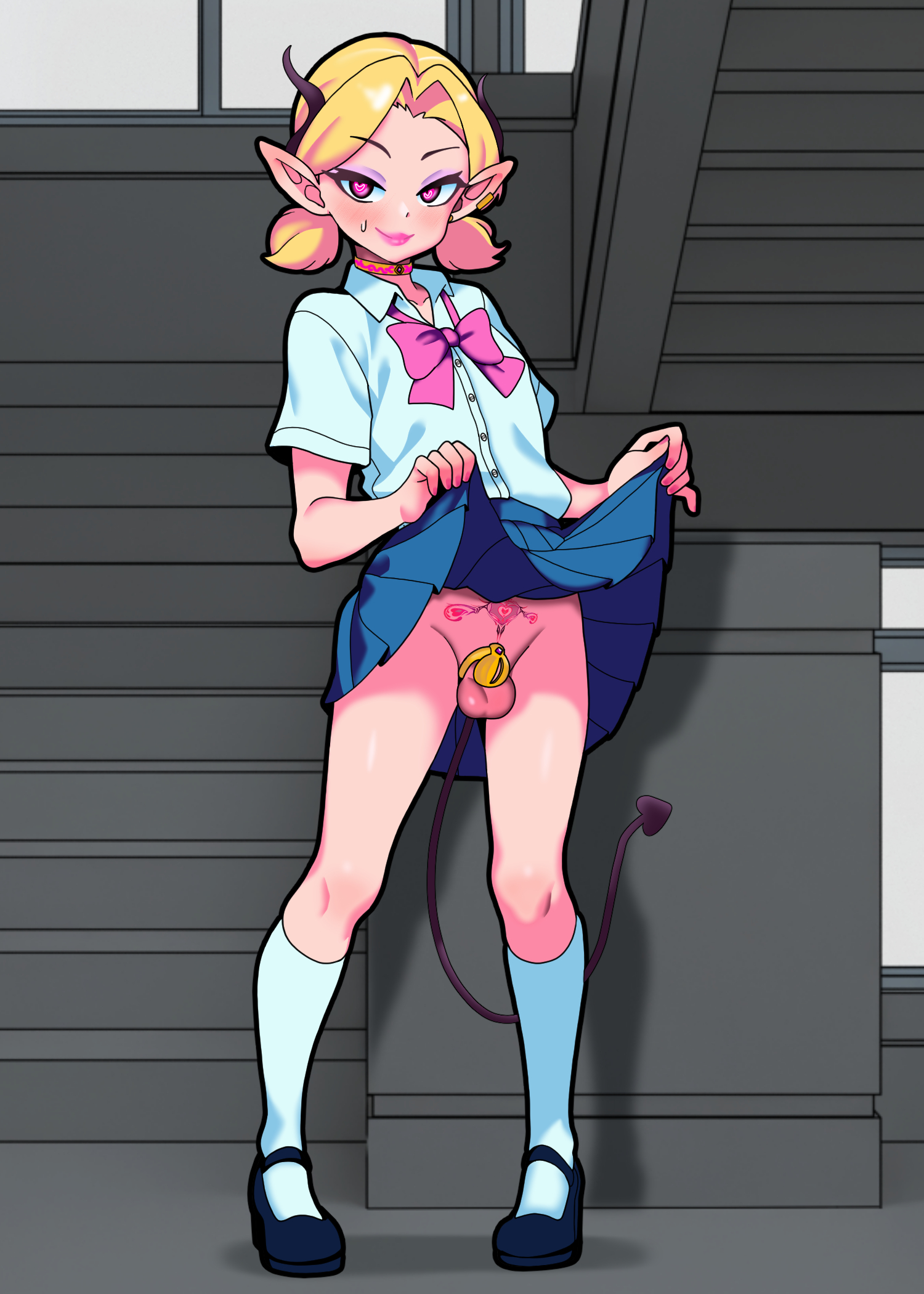1boy, big bow, blonde hair, chastity cage, chastity device, collar, demon, demon boy, demon horns, demon tail, faux (mr.bones22), femboy, feminine male, heart-shaped pupils, incubus, kneesocks, lifting skirt, long ears, makeup, metal collar, no panties, pubic tattoo, school uniform, sissy, small breasts, small chastity cage, solo, tattoo, twintails, womb tattoo, wuni